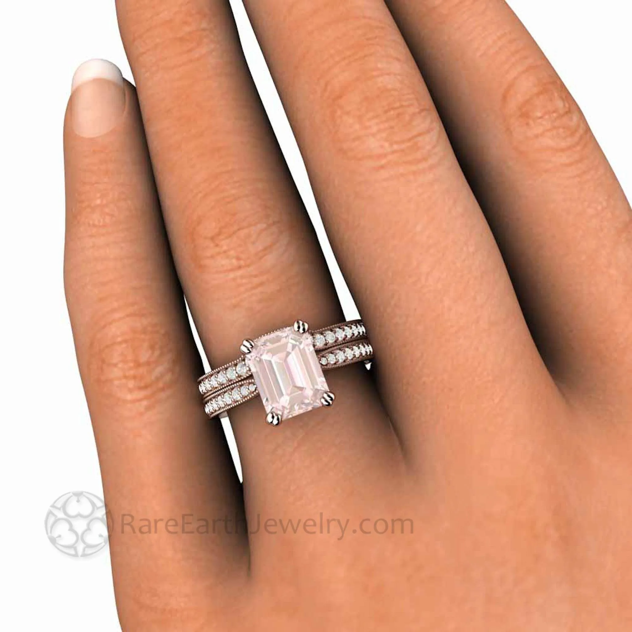 Emerald Cut Morganite Engagement Ring Vintage Style Accented Solitaire