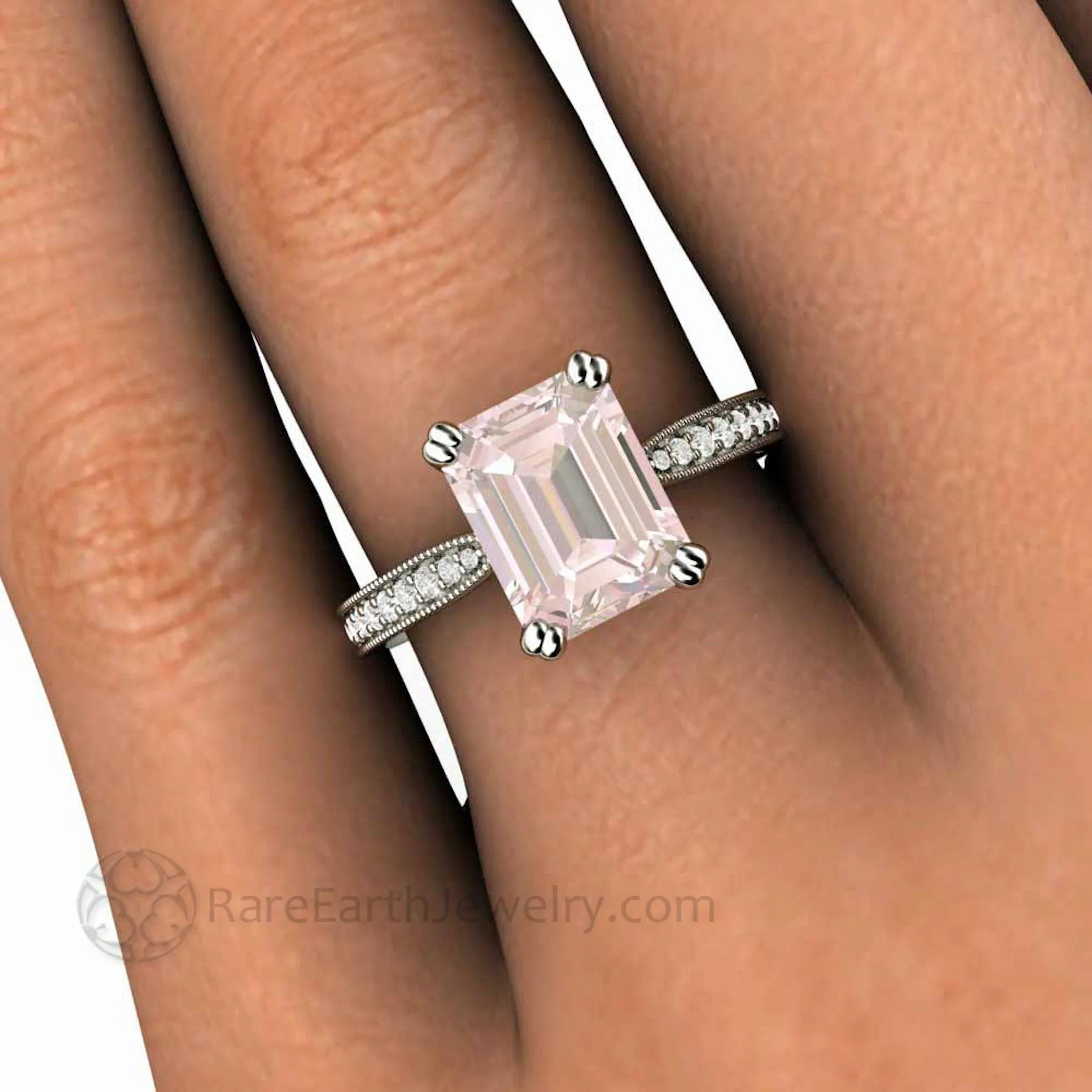 Emerald Cut Morganite Engagement Ring Vintage Style Accented Solitaire