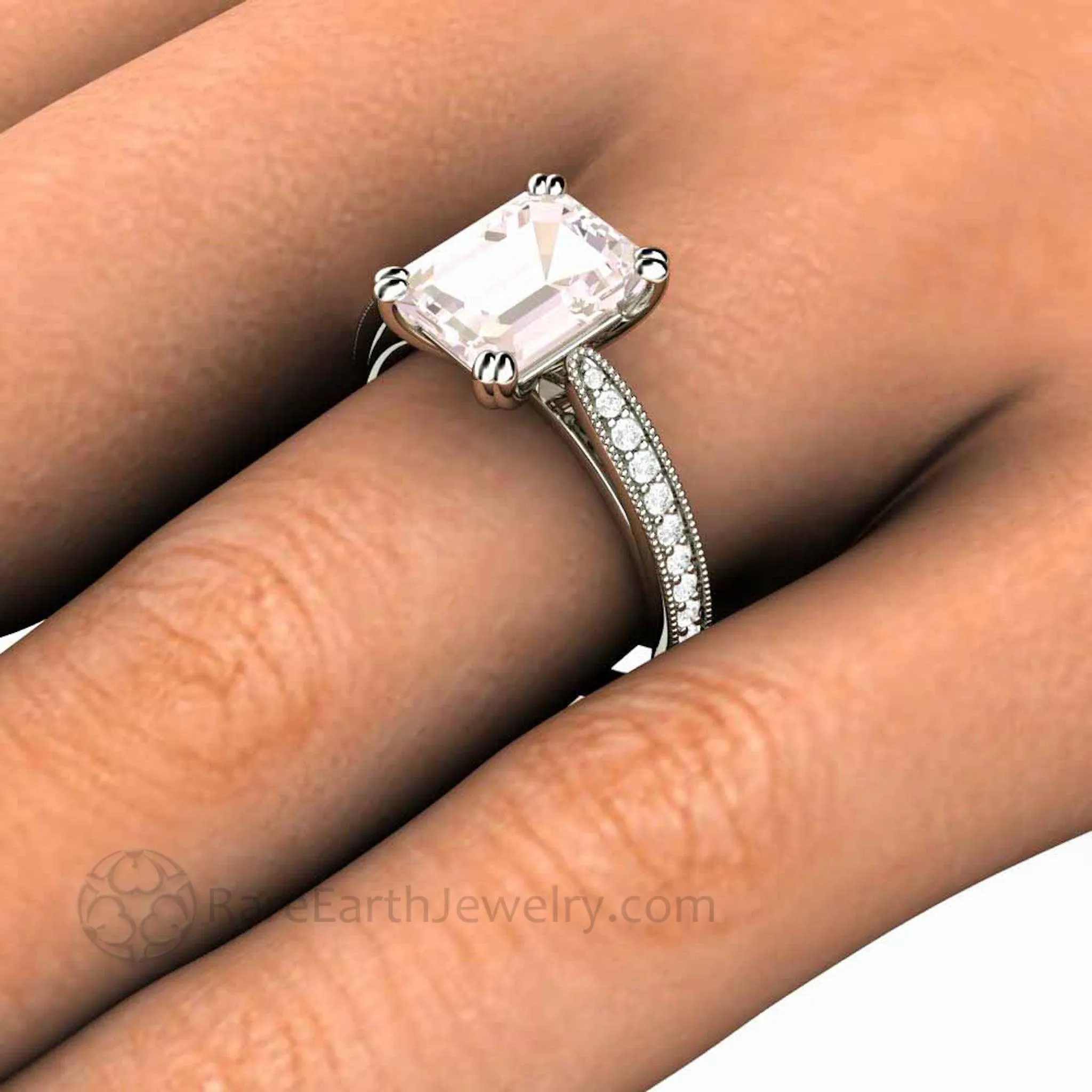 Emerald Cut Morganite Engagement Ring Vintage Style Accented Solitaire