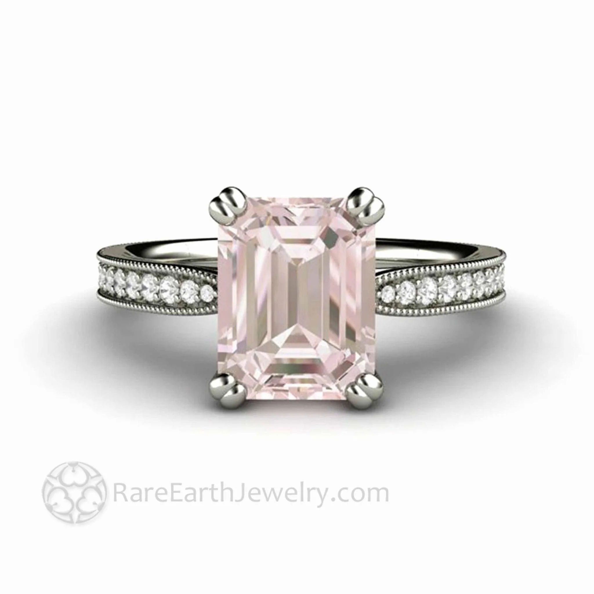 Emerald Cut Morganite Engagement Ring Vintage Style Accented Solitaire