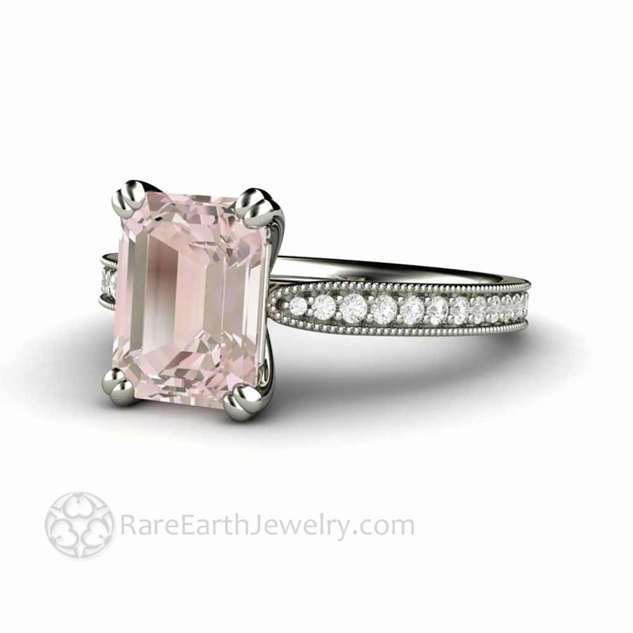 Emerald Cut Morganite Engagement Ring Vintage Style Accented Solitaire