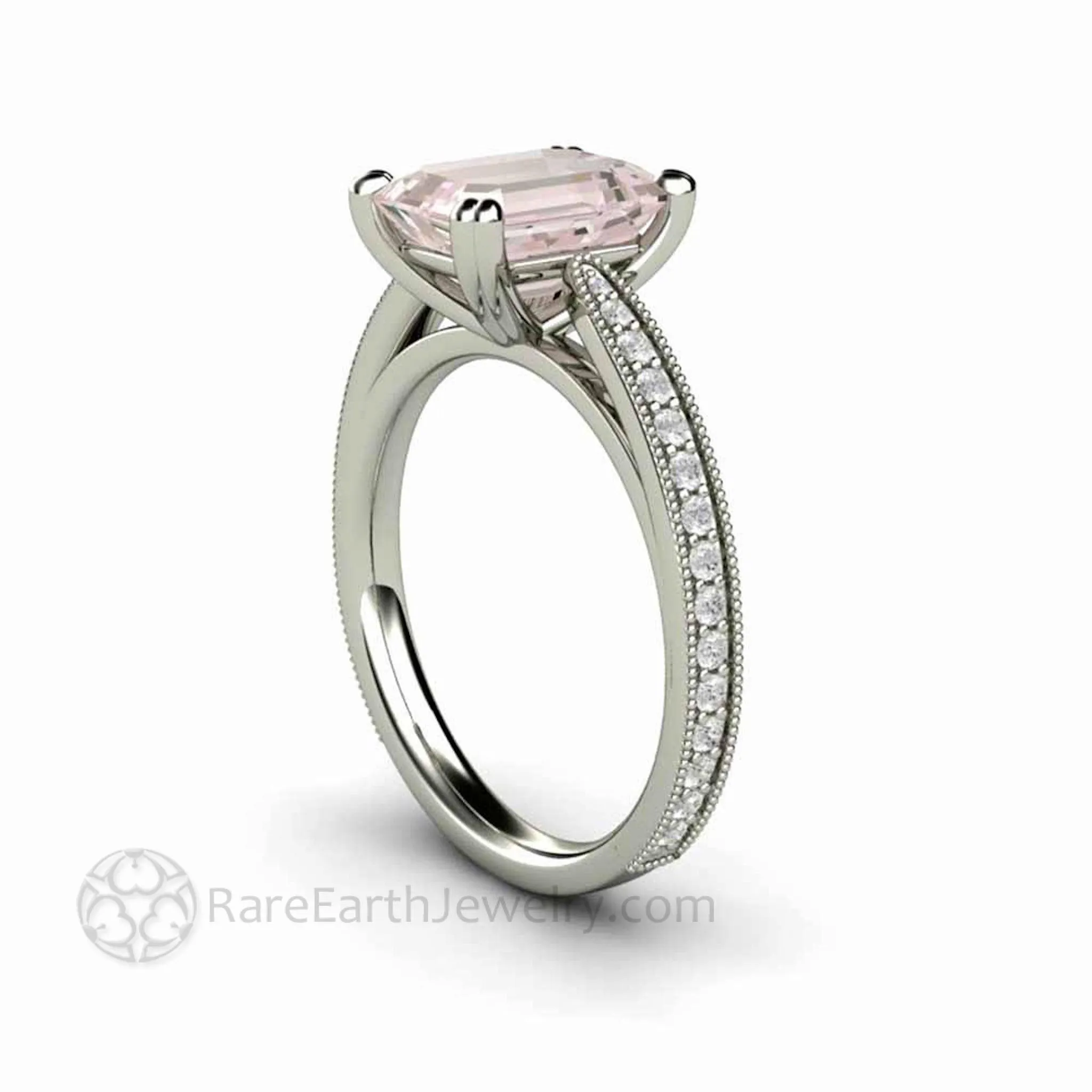 Emerald Cut Morganite Engagement Ring Vintage Style Accented Solitaire