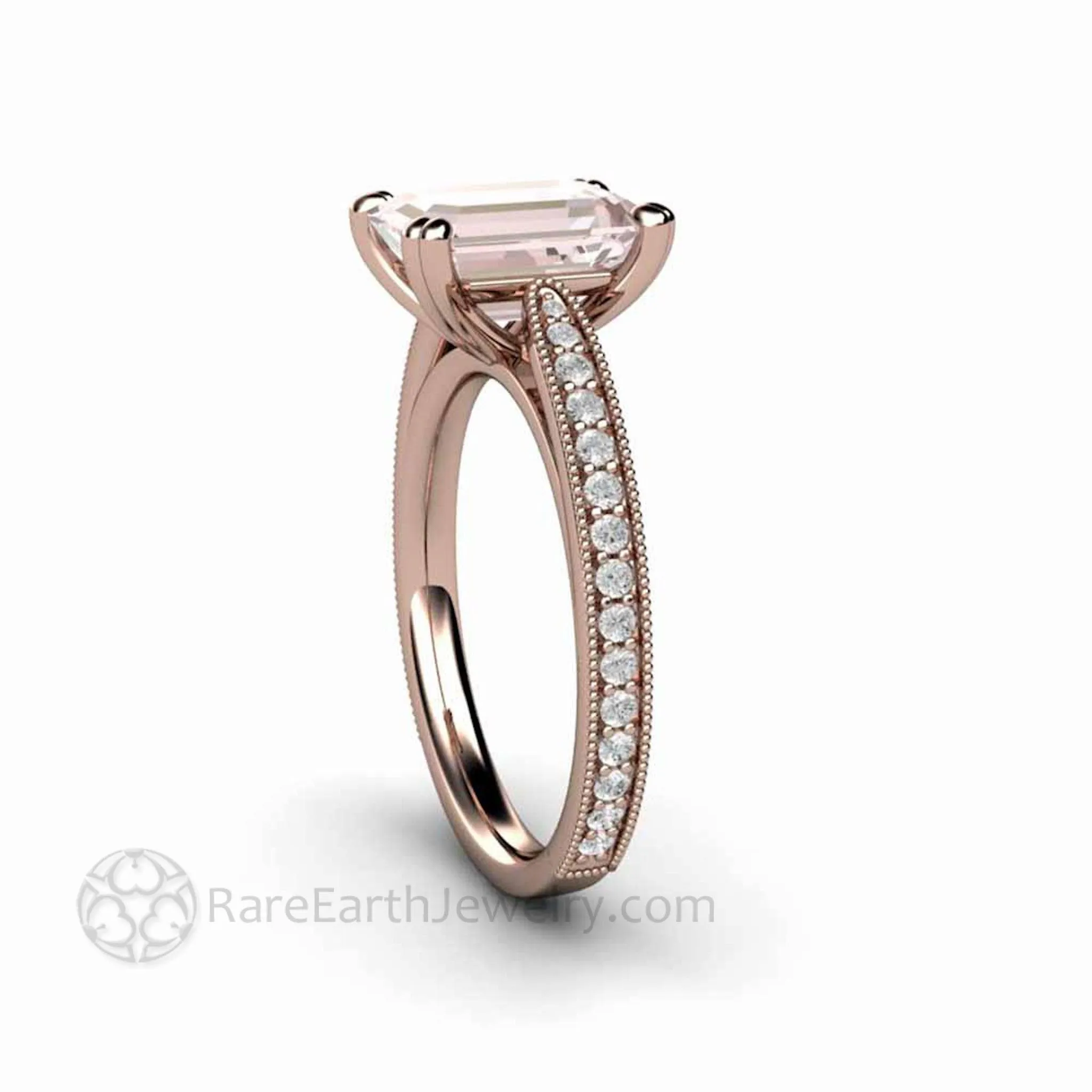 Emerald Cut Morganite Engagement Ring Vintage Style Accented Solitaire