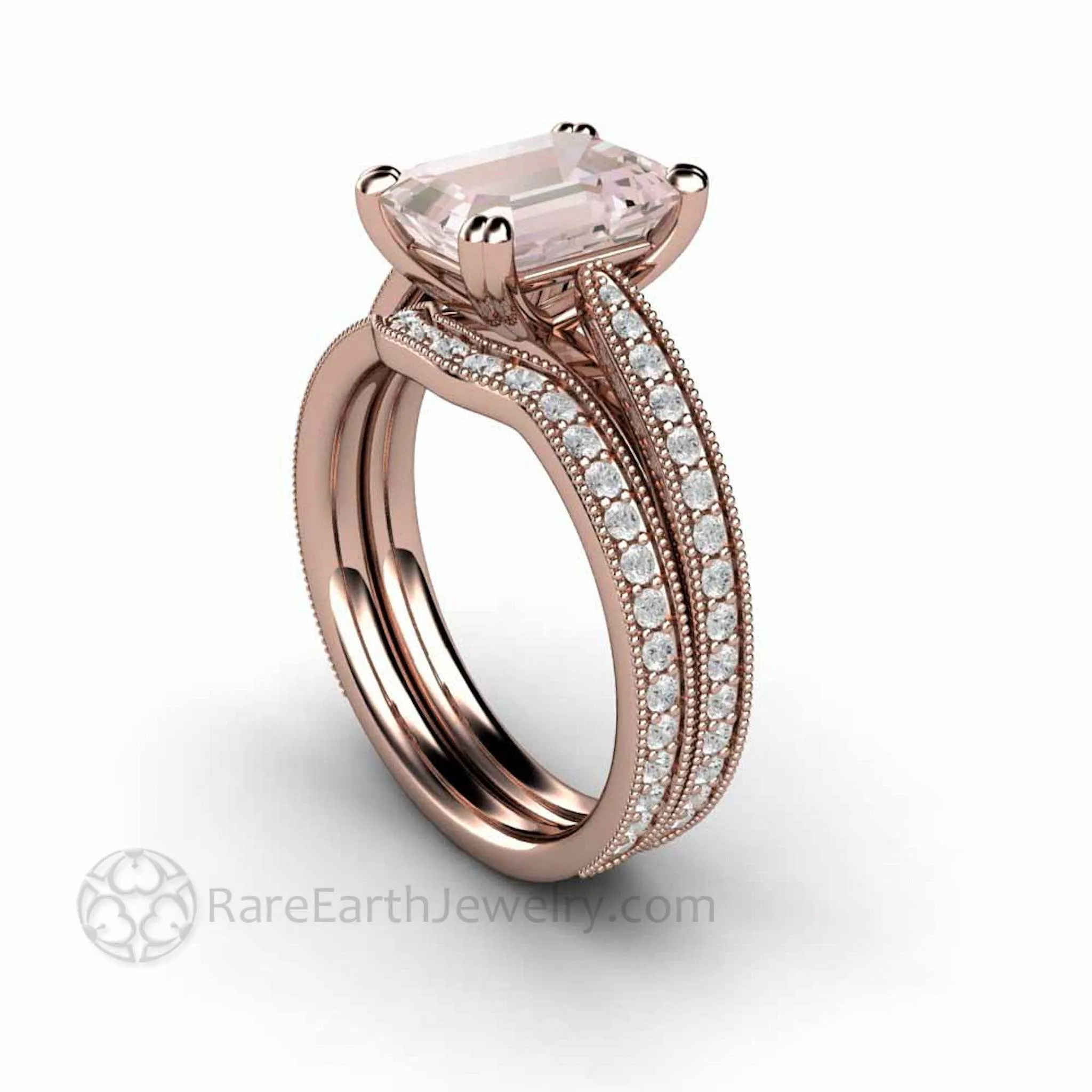 Emerald Cut Morganite Engagement Ring Vintage Style Accented Solitaire