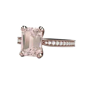 Emerald Cut Morganite Engagement Ring Vintage Style Accented Solitaire