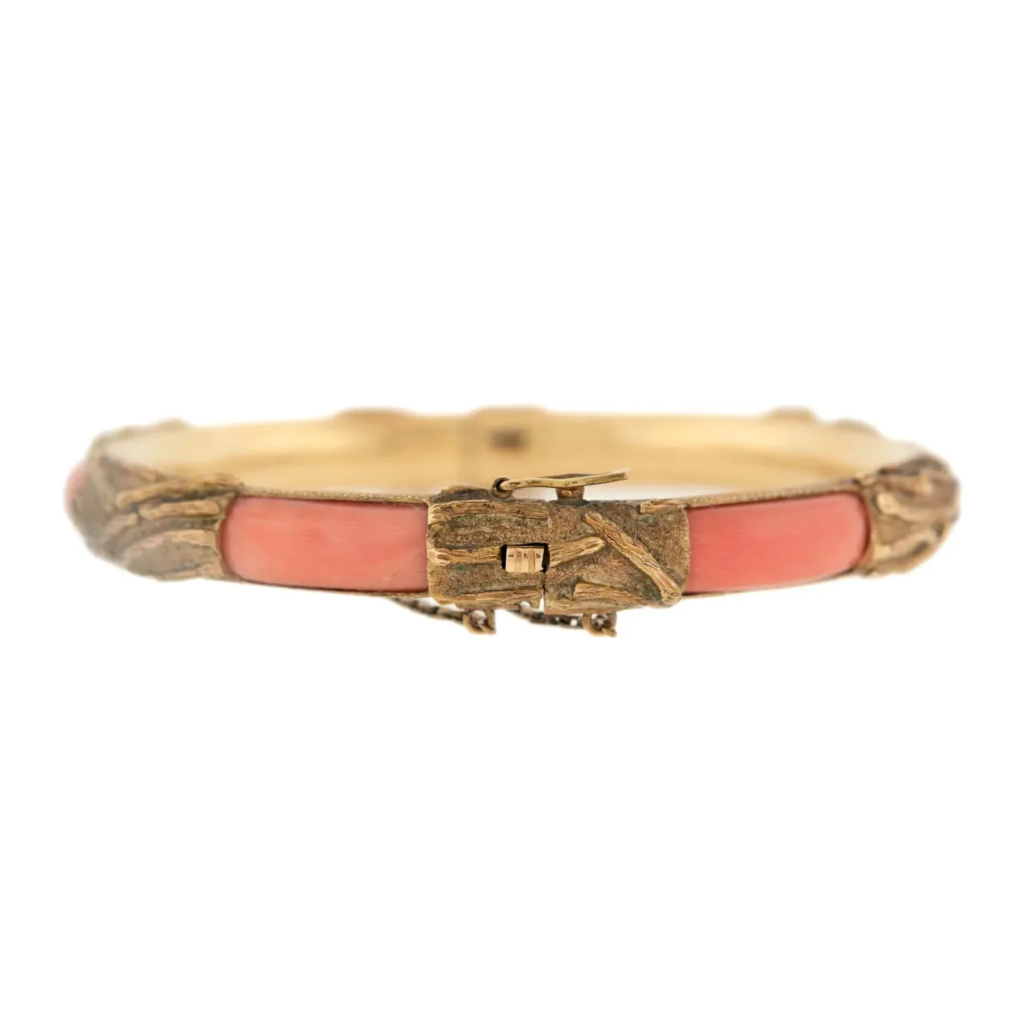 Estate 14k Gold & Coral Hinged Bangle Bracelet