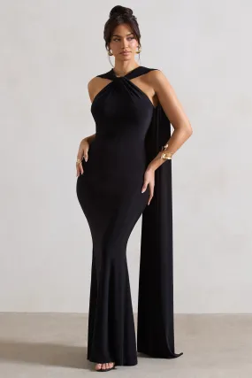 First Glance | Black Twist-Neck Cape Maxi Dress