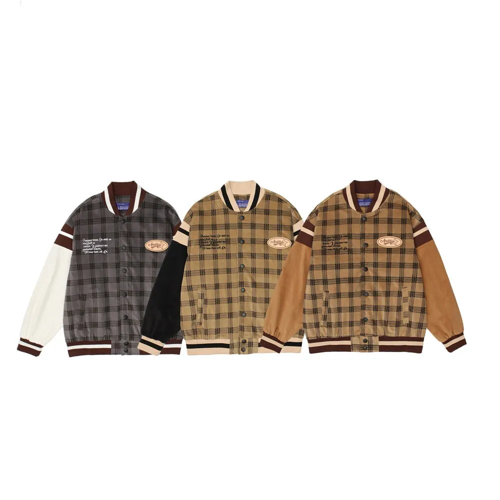 Foesce -NEW Letter embroidered contrast stitched plaid coat men's autumn Street trend loose stand collar Baseball Jacket