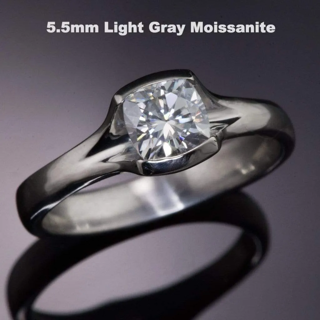 Gray Cushion Cut Moissanite Fold Semi-Bezel Set Solitaire Engagement Ring