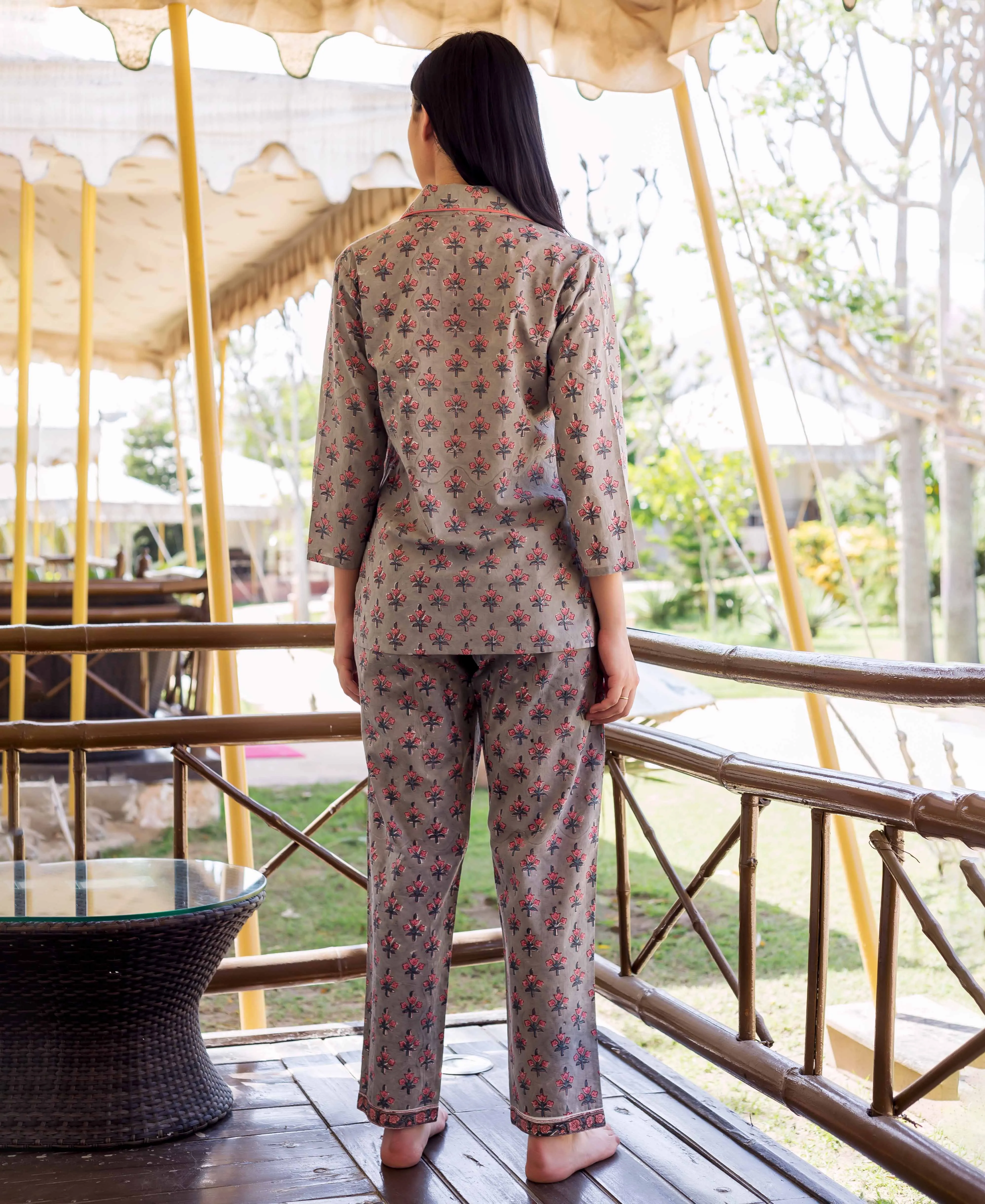 Grey Printed Shirt and Pajama Night Suit