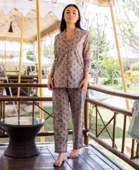 Grey Printed Shirt and Pajama Night Suit