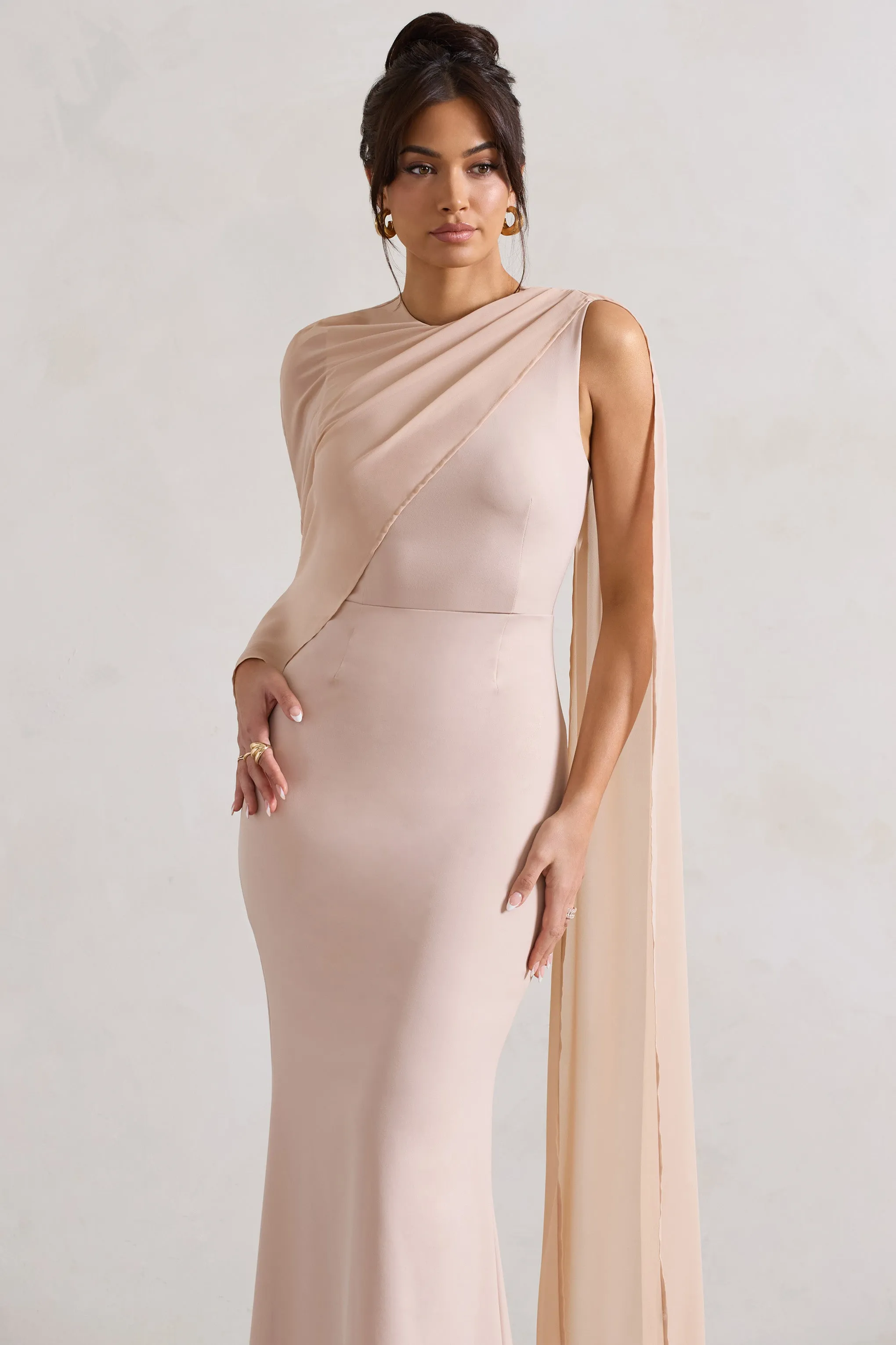 Haze | Champagne High-Neck Maxi Dress With Chiffon Cape