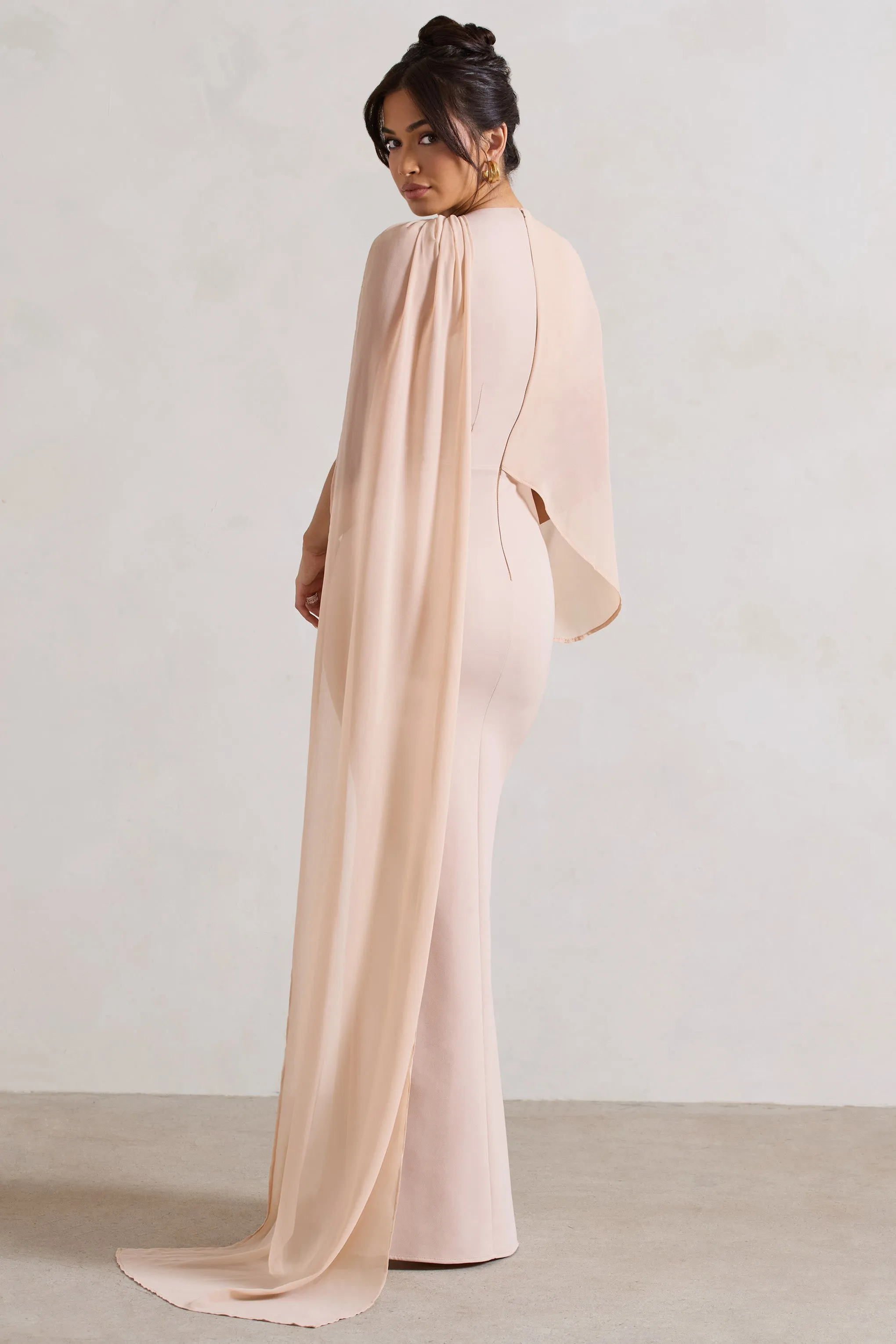 Haze | Champagne High-Neck Maxi Dress With Chiffon Cape