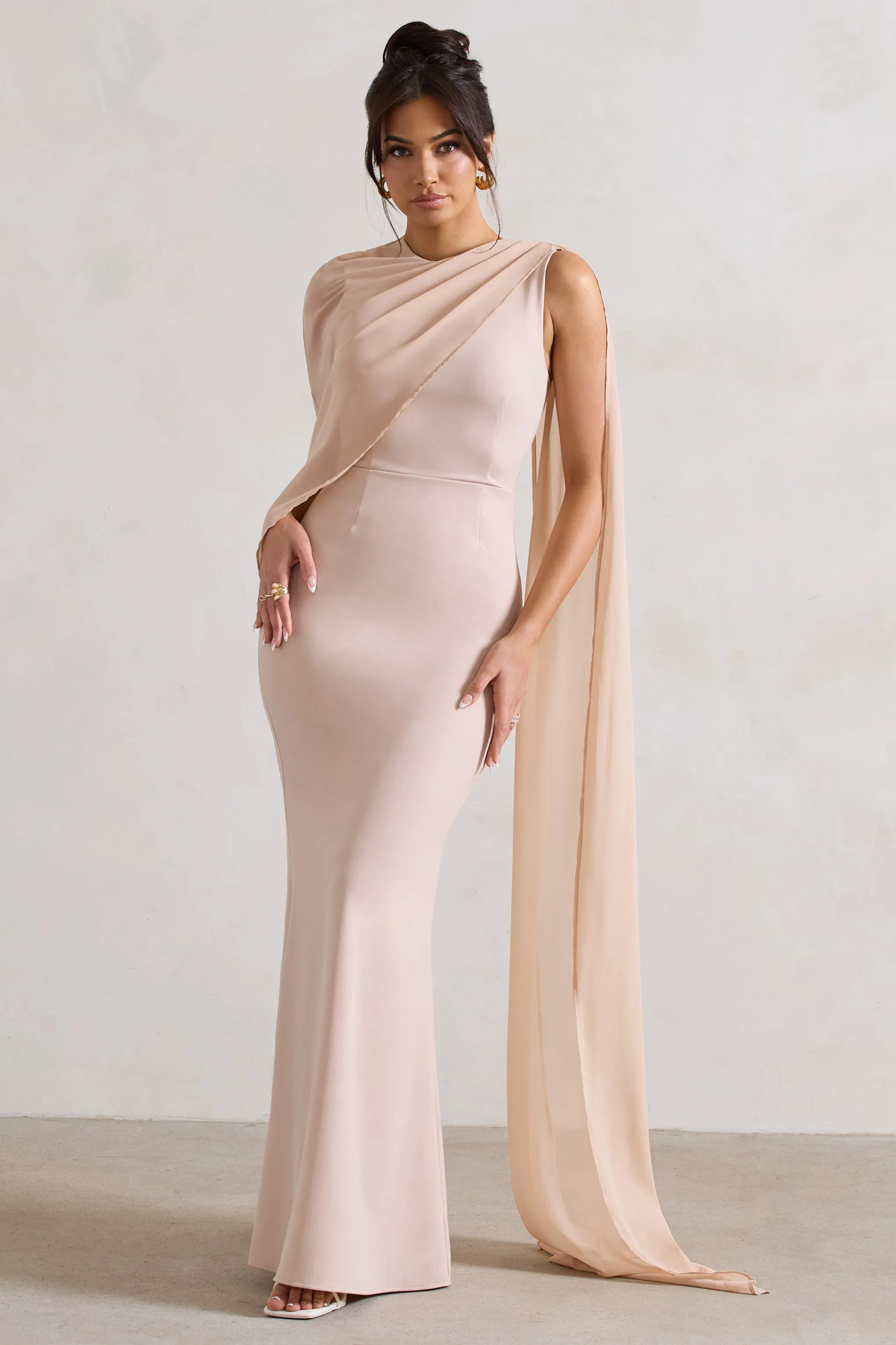 Haze | Champagne High-Neck Maxi Dress With Chiffon Cape