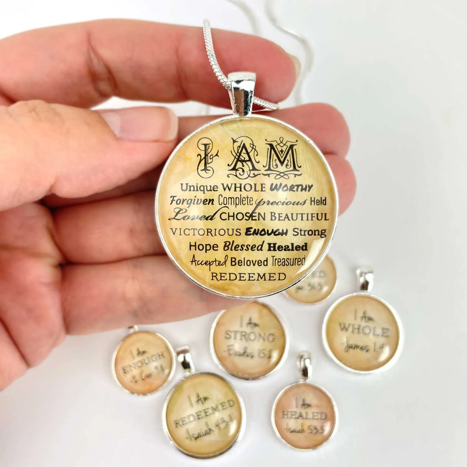 I AM Strong, Unique, Beautiful, Loved, Enough – Christian Affirmations Silver-Plated Scripture Pendant Necklace – Jewelry Set