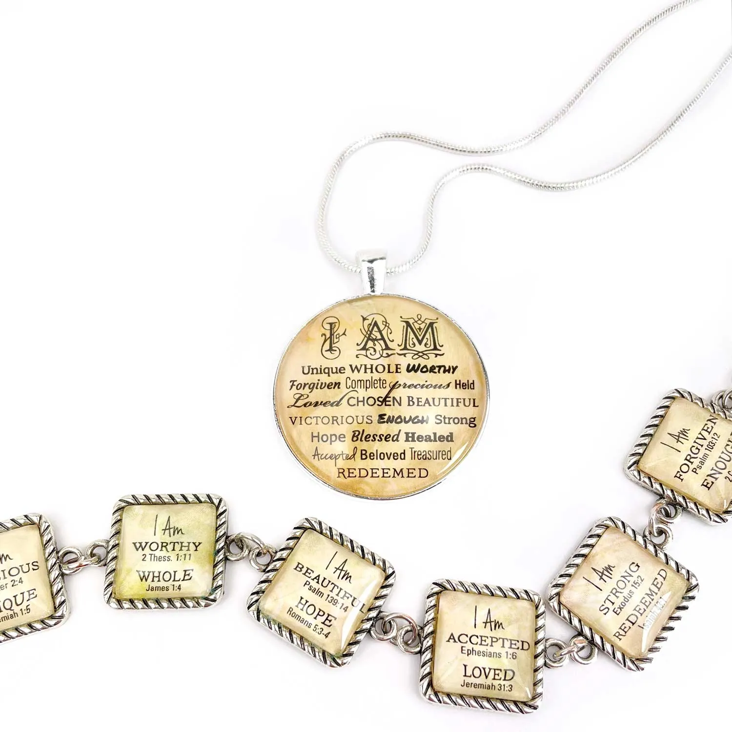 I AM Strong, Unique, Beautiful, Loved, Enough – Christian Affirmations Silver-Plated Scripture Pendant Necklace – Jewelry Set