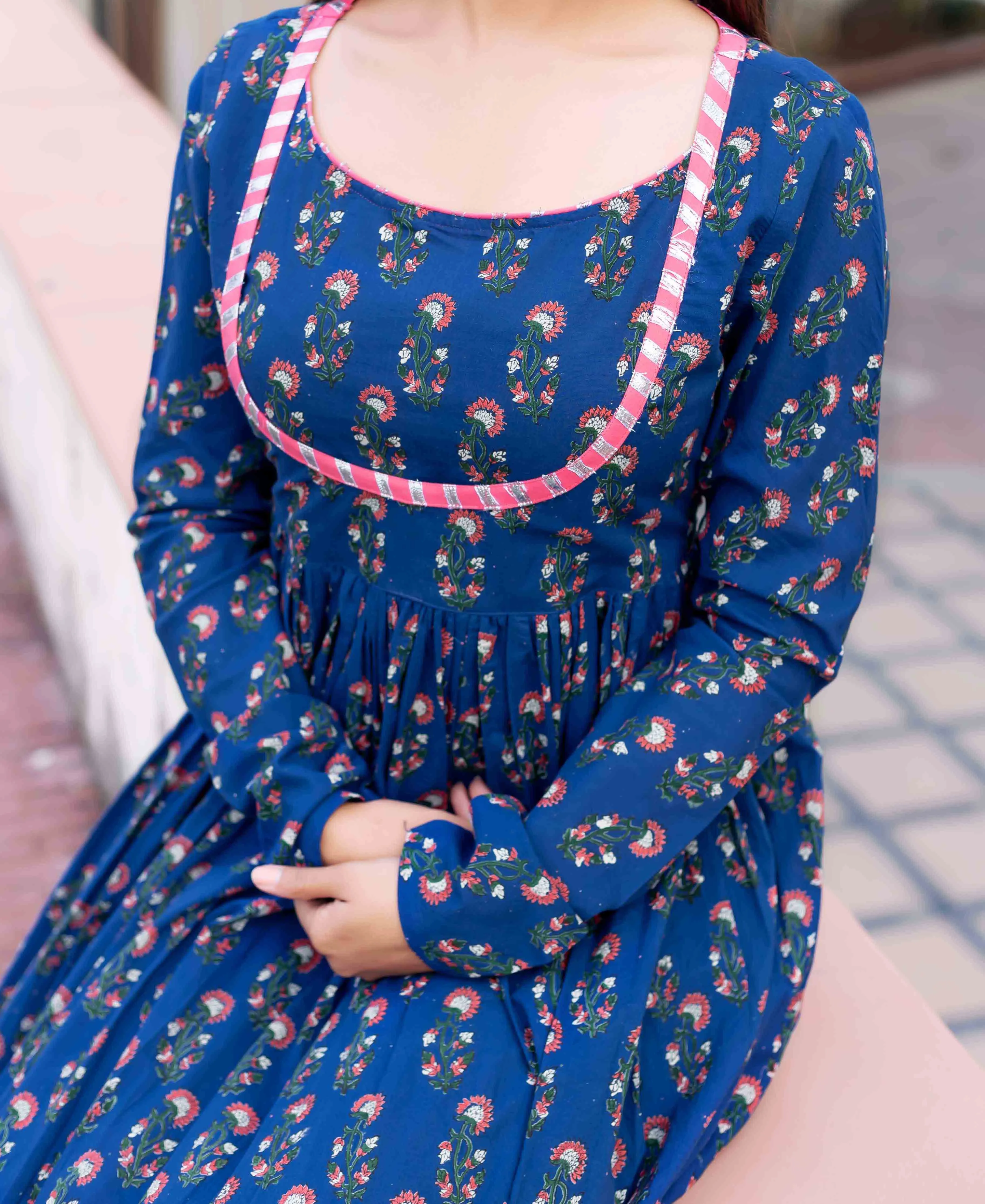 Indigo and Pink Long Flared Dress with Churidaar Sleeves