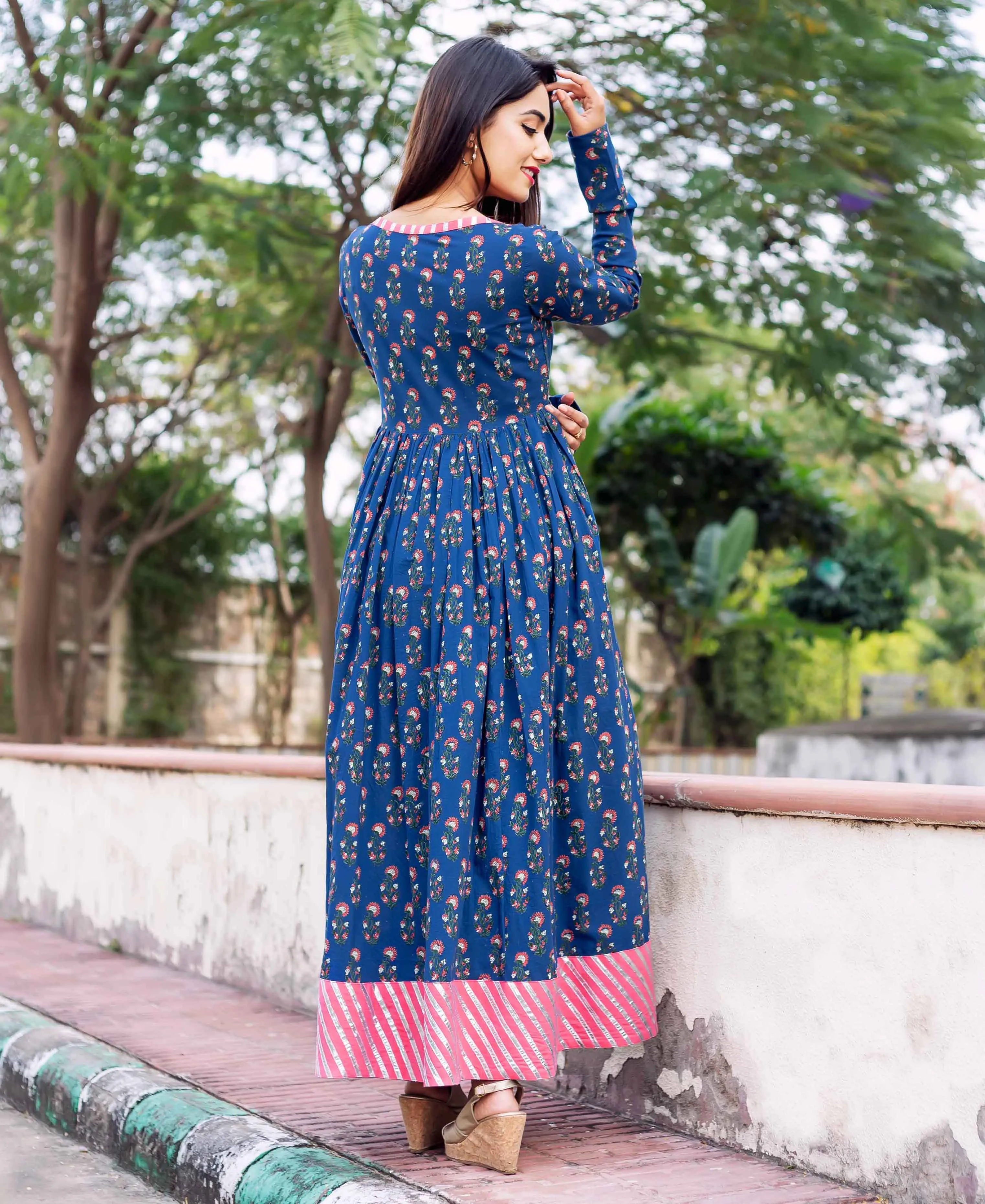 Indigo and Pink Long Flared Dress with Churidaar Sleeves