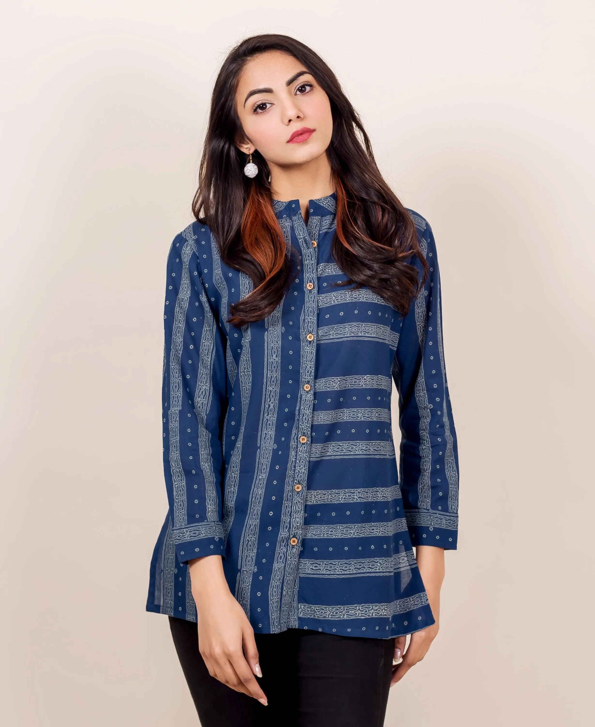 Indigo Block Printed Button Down Shirt