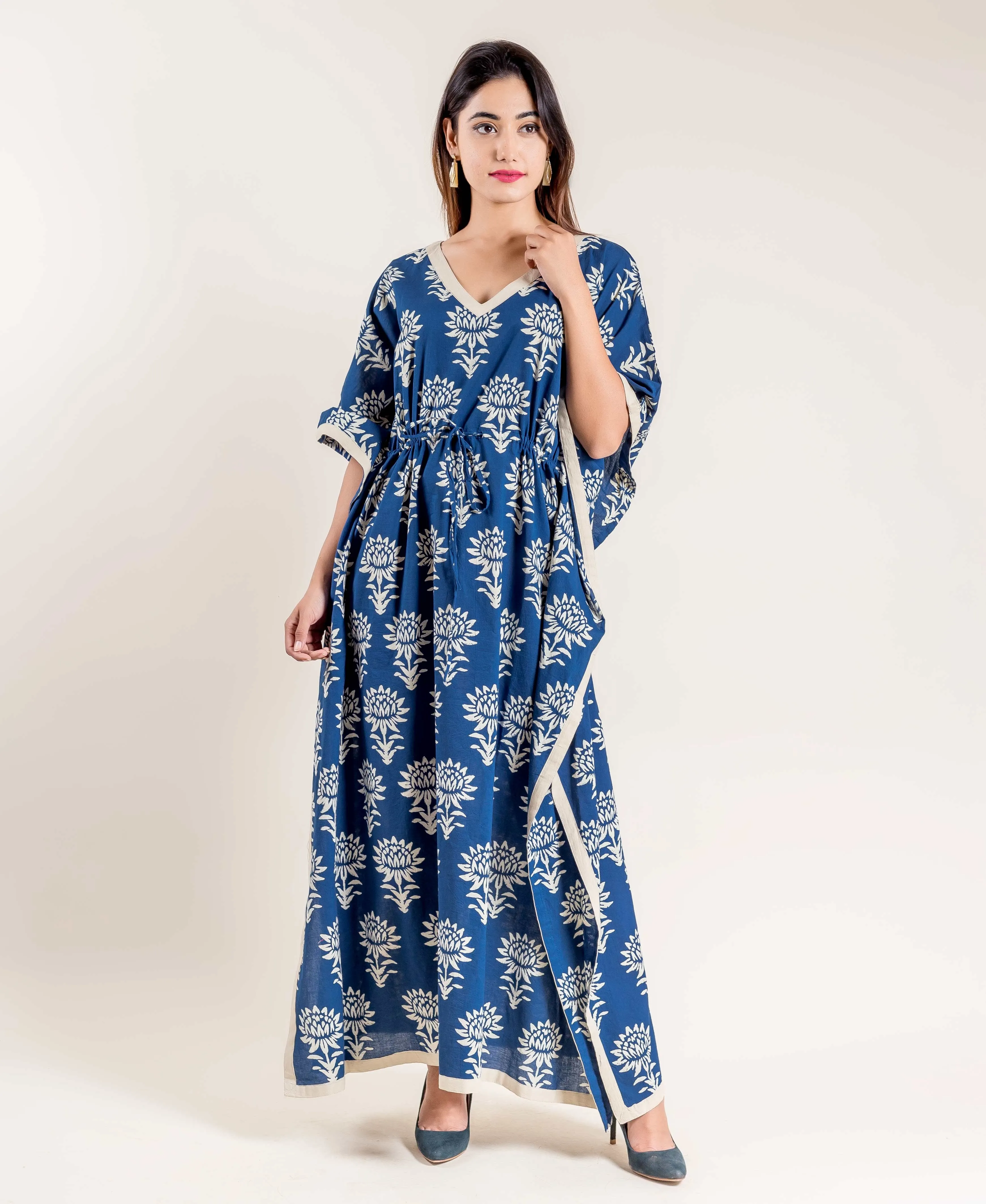 Indigo Floral Hand Block Printed Tie-Up Kaftan