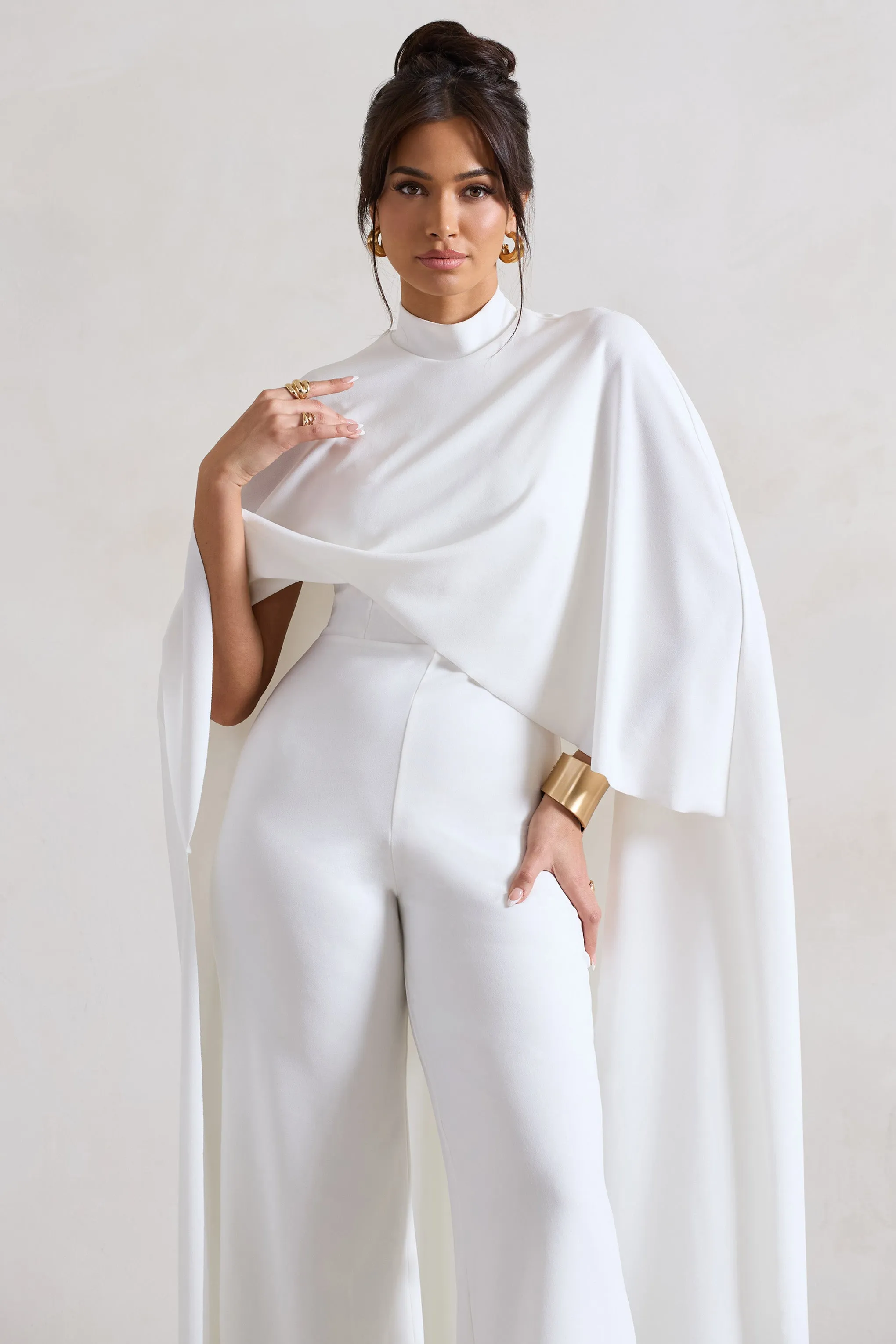 Indra | White High-Neck Wide-Leg Cape Jumpsuit