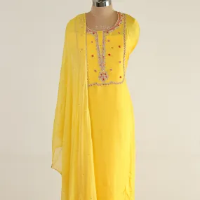 Intricately Hand-Embroidered Yellow Organza Suit