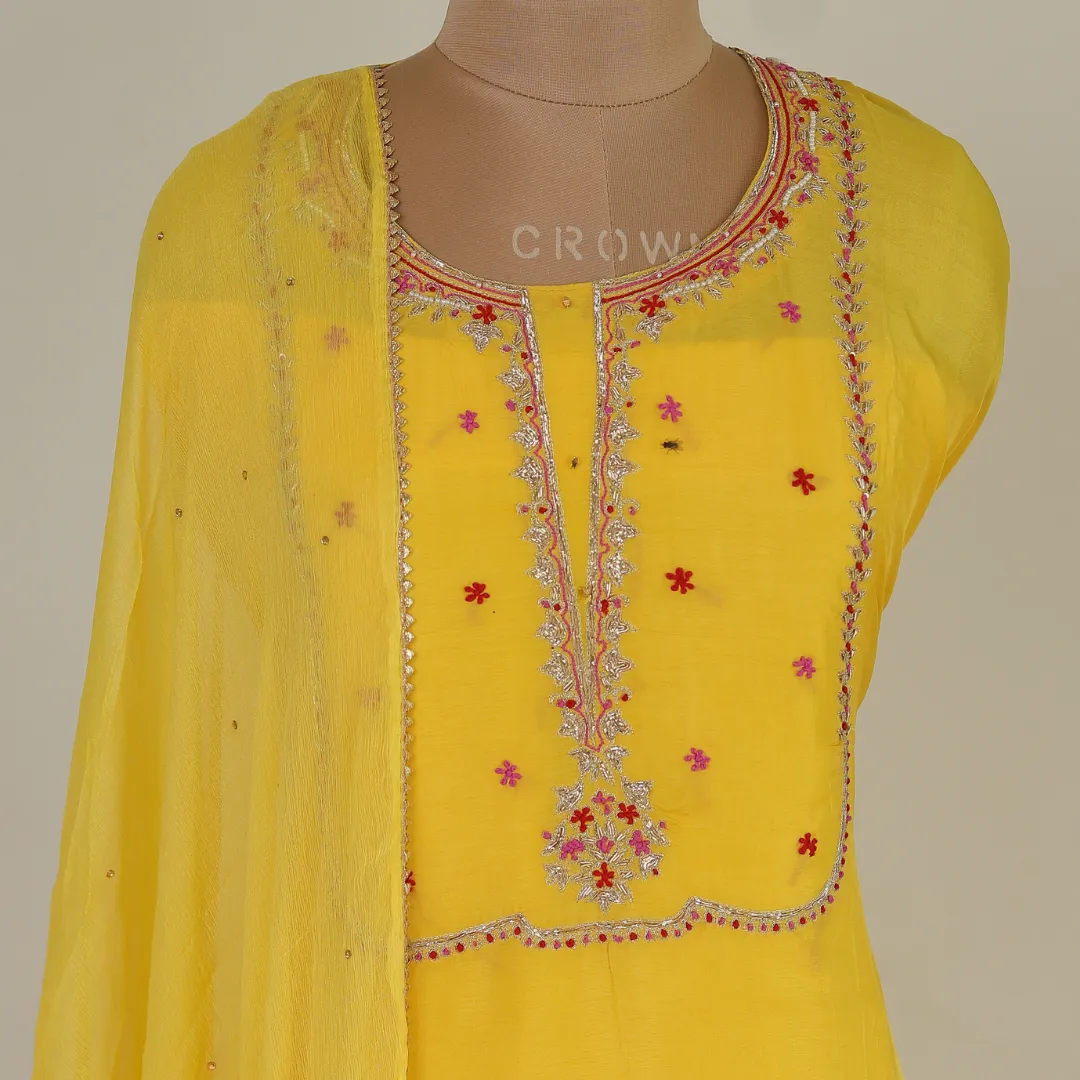 Intricately Hand-Embroidered Yellow Organza Suit