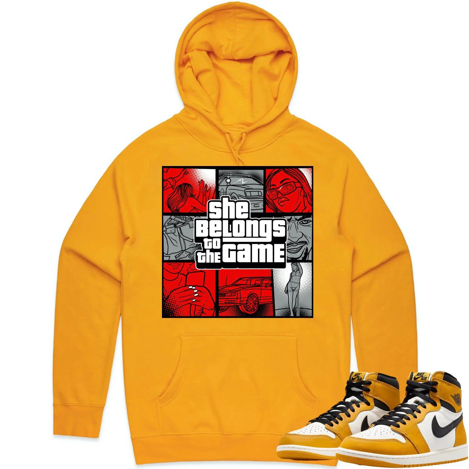 Jordan 1 Yellow Ochre 1s Hoodie to Match - RED BELONGS TO THE GAME