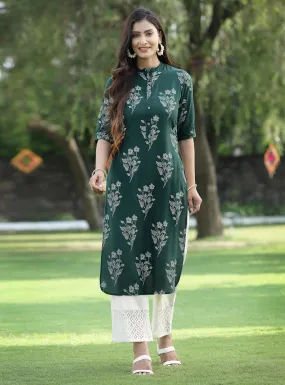 Juniper Jade Green Bandhani Printed Rayon Slub Straight Kurta With Buttons