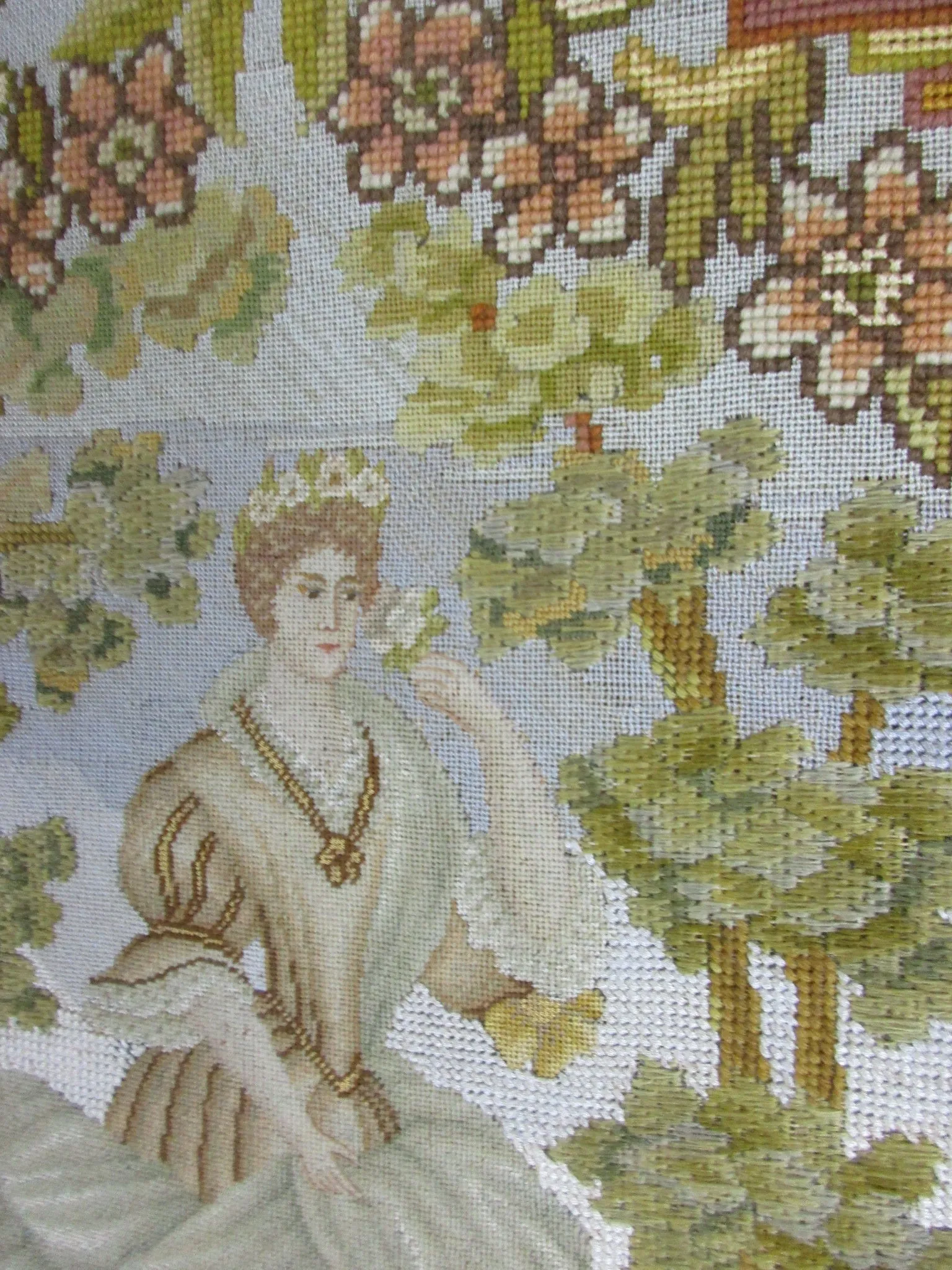 Larger Hand Embroidered Tapestry Panel in Frame Antique 19th Century