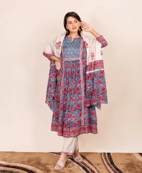 Layla Blue and Red Hand Block Printed Kurta