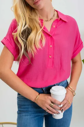 Linen Button Up Top in Pink