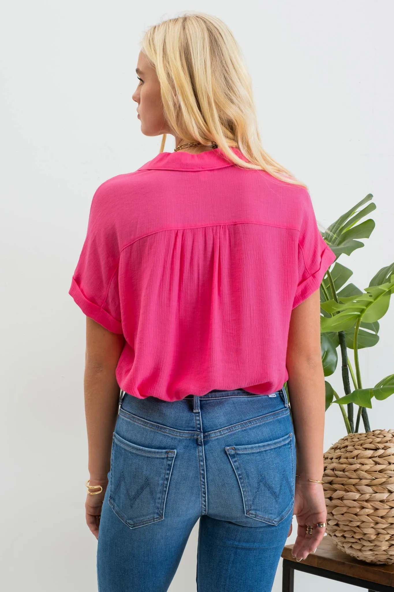 Linen Button Up Top in Pink