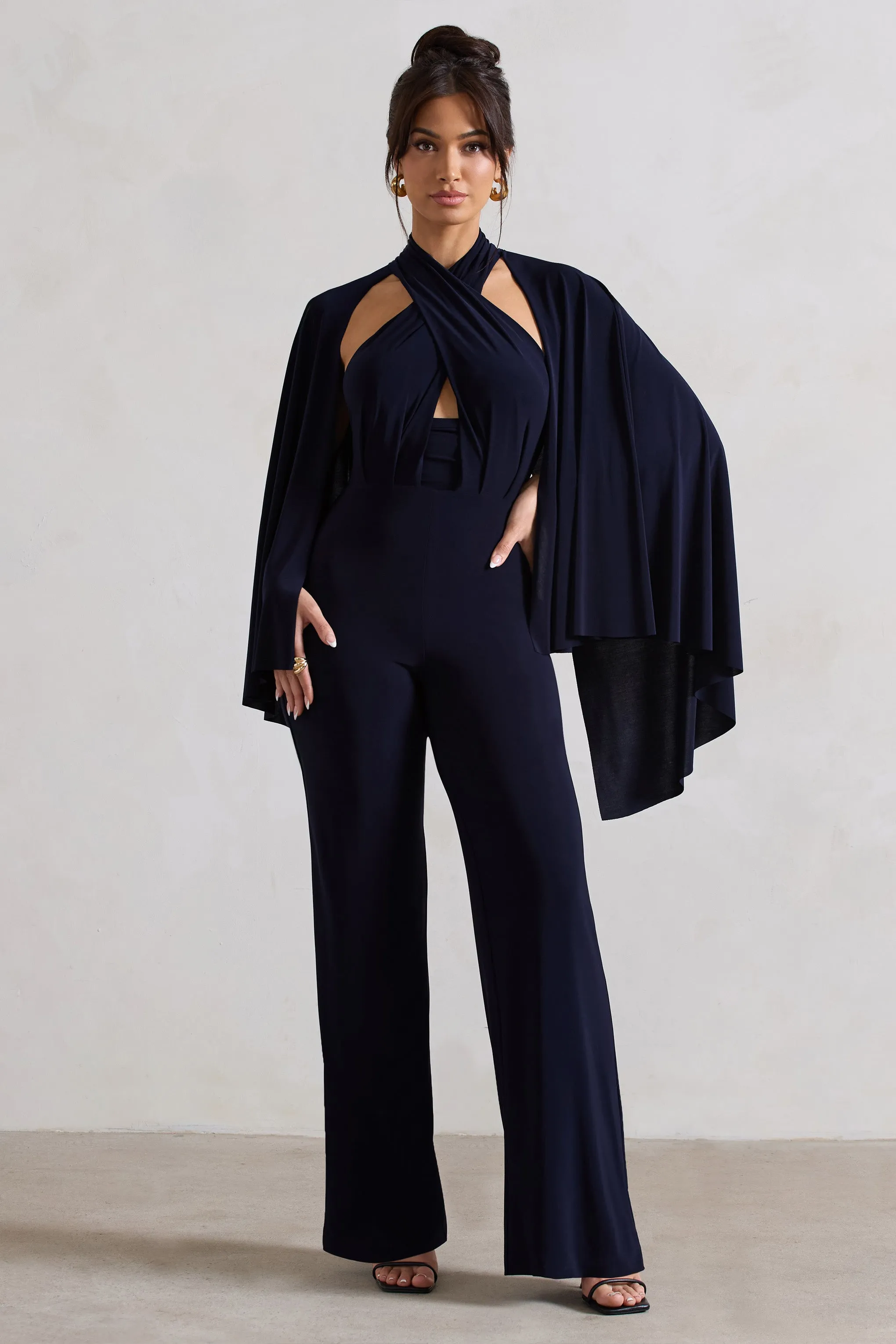 Lourdes | Navy Halter-Neck Straight-Leg Jumpsuit With Cape