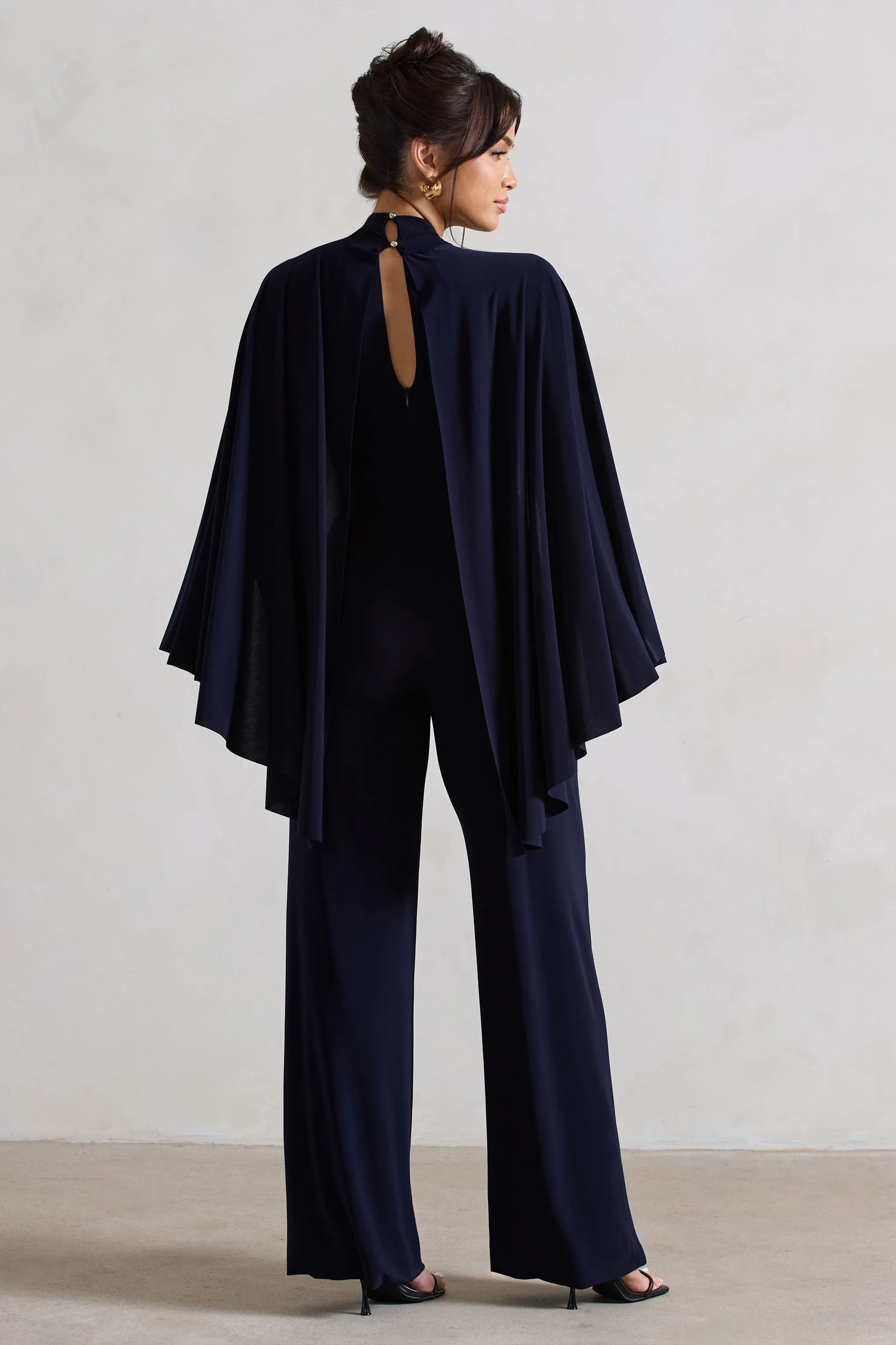 Lourdes | Navy Halter-Neck Straight-Leg Jumpsuit With Cape