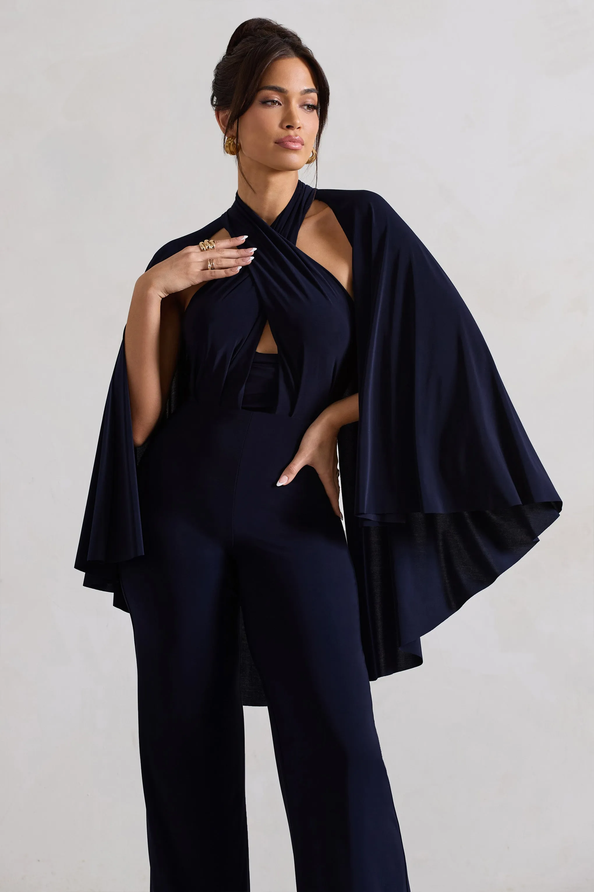 Lourdes | Navy Halter-Neck Straight-Leg Jumpsuit With Cape