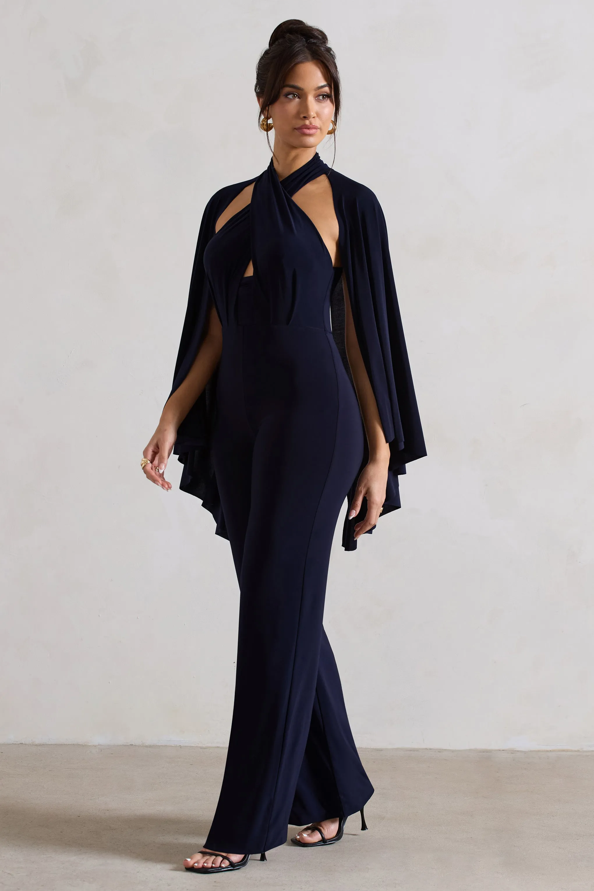 Lourdes | Navy Halter-Neck Straight-Leg Jumpsuit With Cape