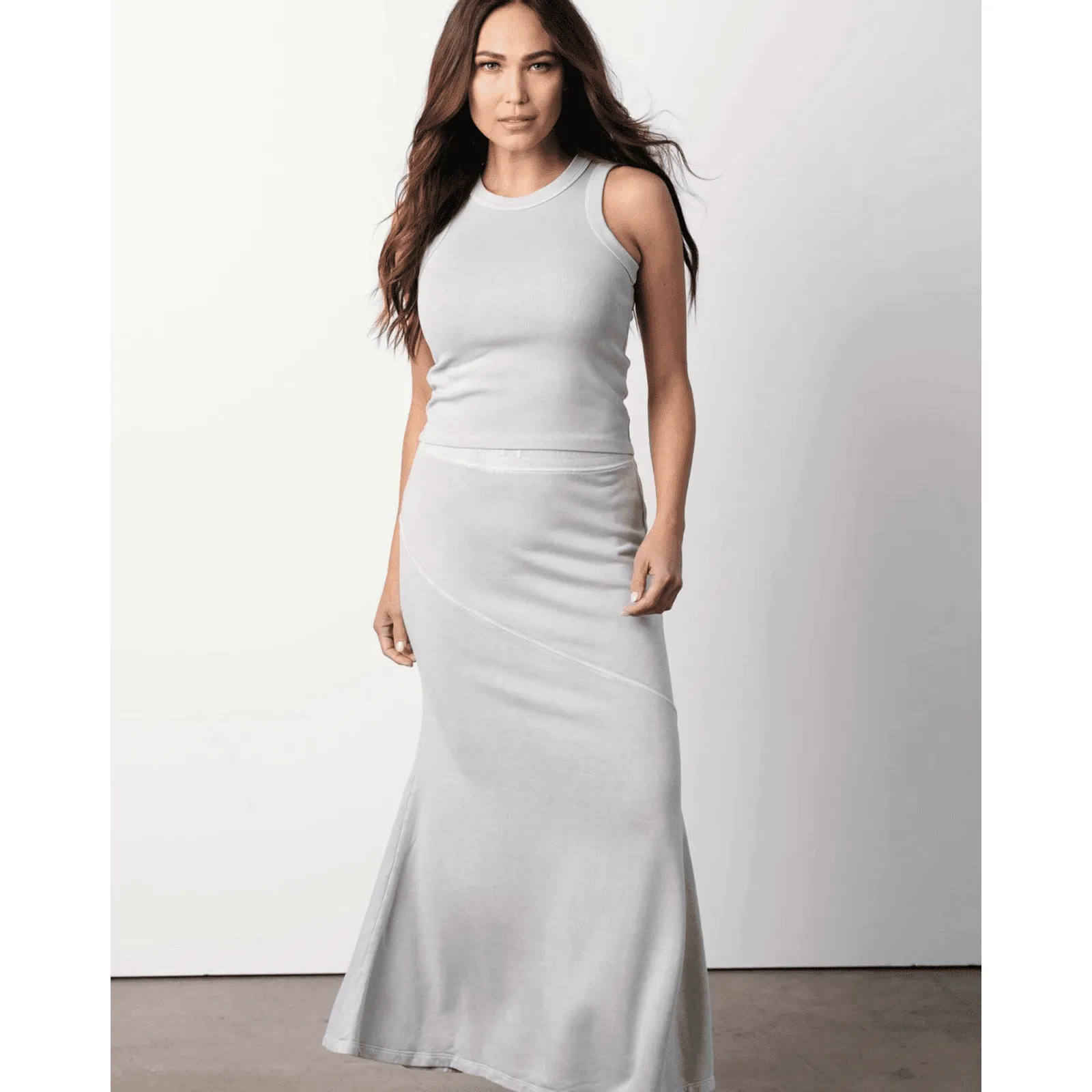 Mila Made in Los Angeles Diagonal Maxi Skirt in White and Light Grey