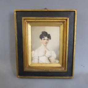 Miniature Watercolour Portrait Of A Lady In White Dress Antique Georgian c1810