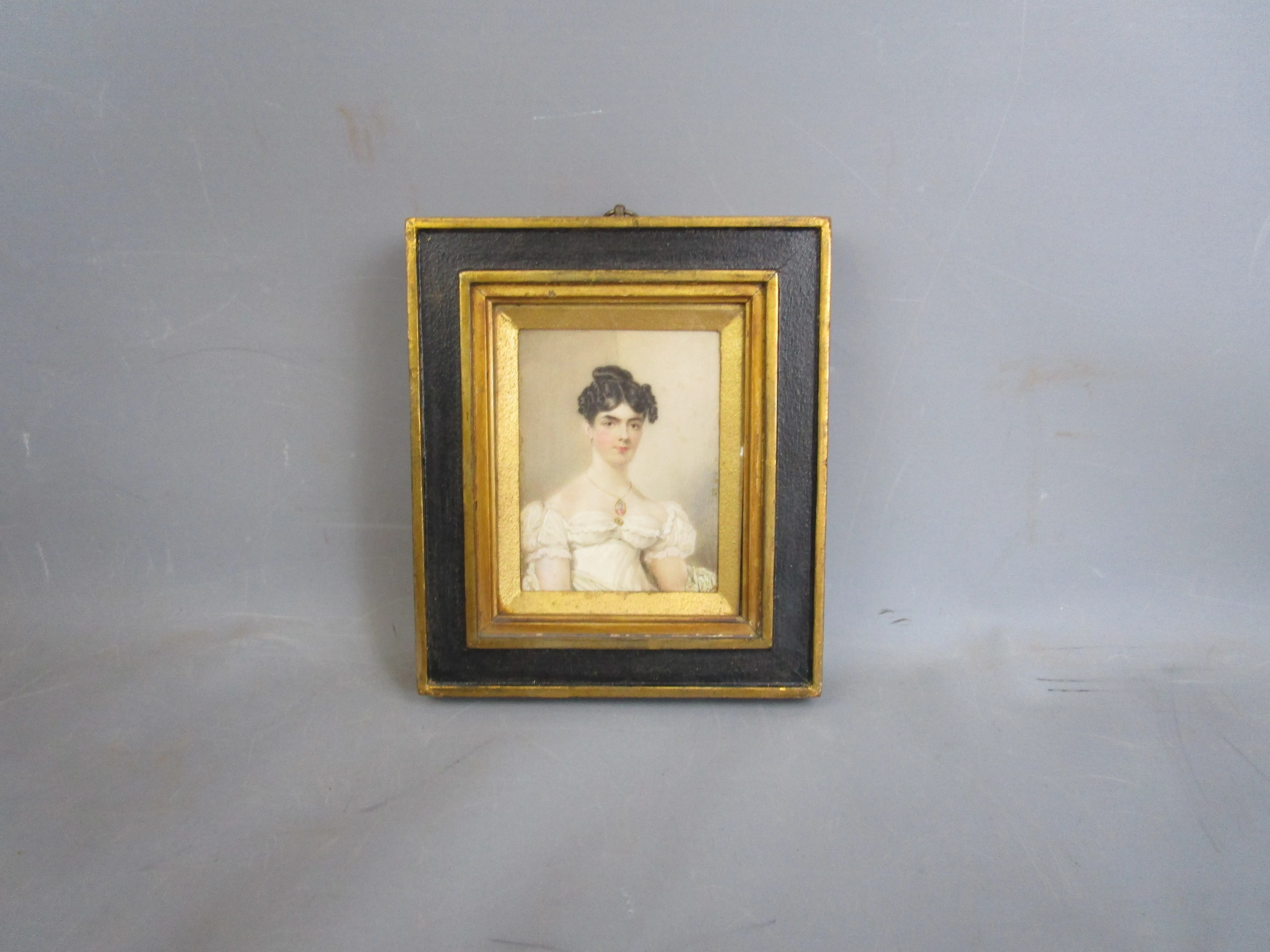 Miniature Watercolour Portrait Of A Lady In White Dress Antique Georgian c1810