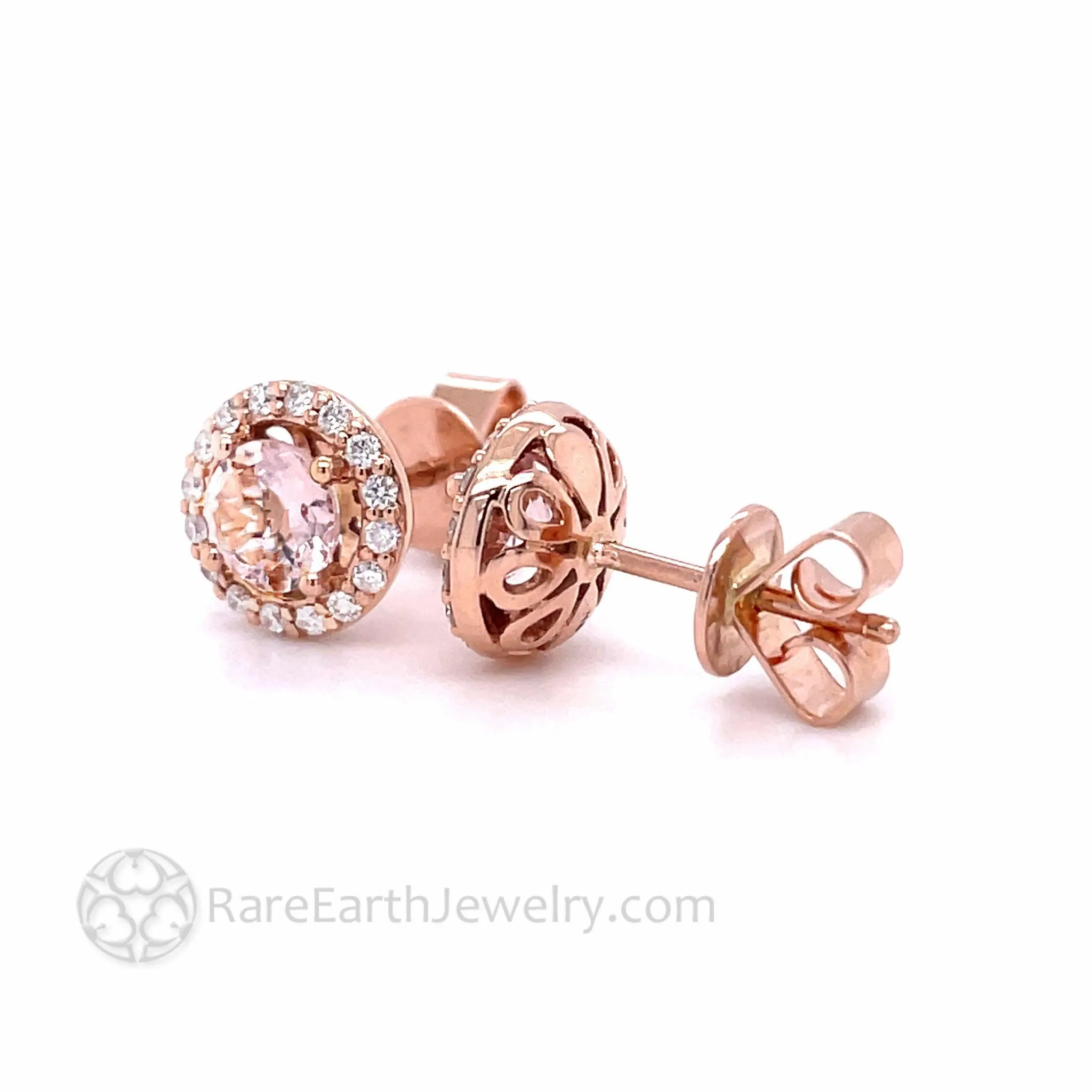 Morganite Diamond Halo Earrings 14K Rose Gold Round Morganite Studs