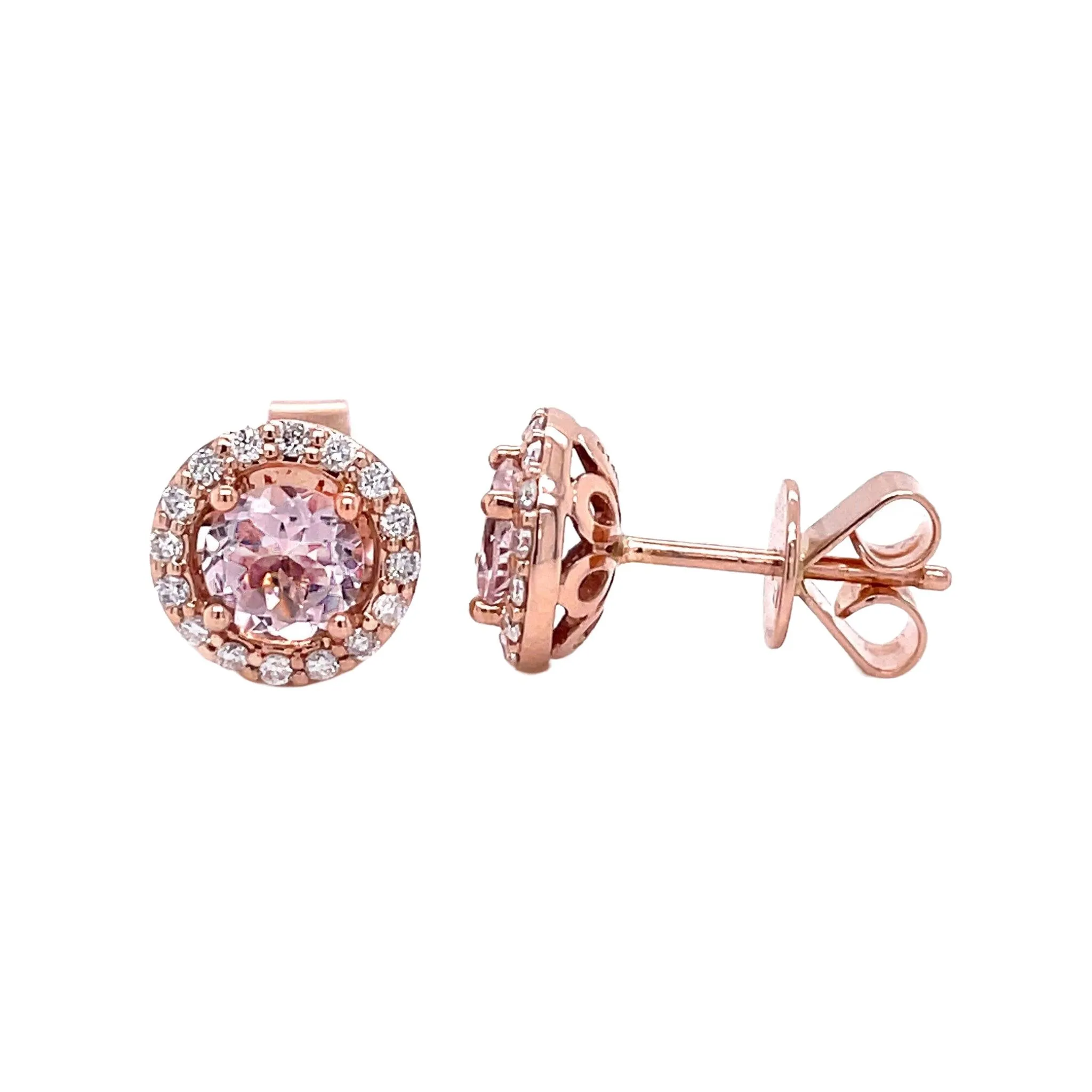 Morganite Diamond Halo Earrings 14K Rose Gold Round Morganite Studs