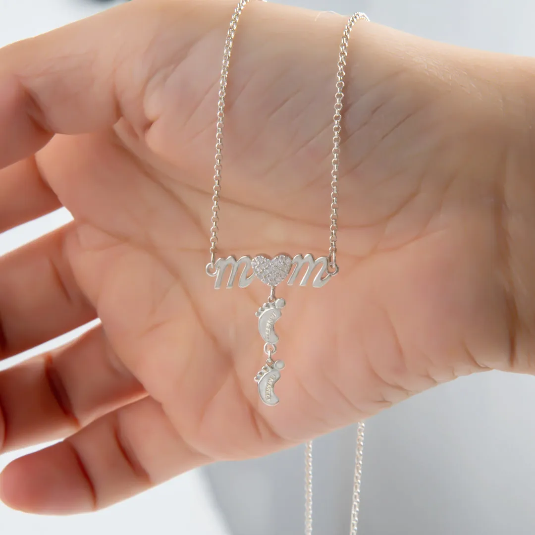 Personalized Heart Diamond Mother Necklace with Baby Feet