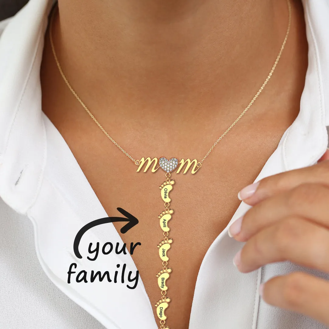 Personalized Heart Diamond Mother Necklace with Baby Feet