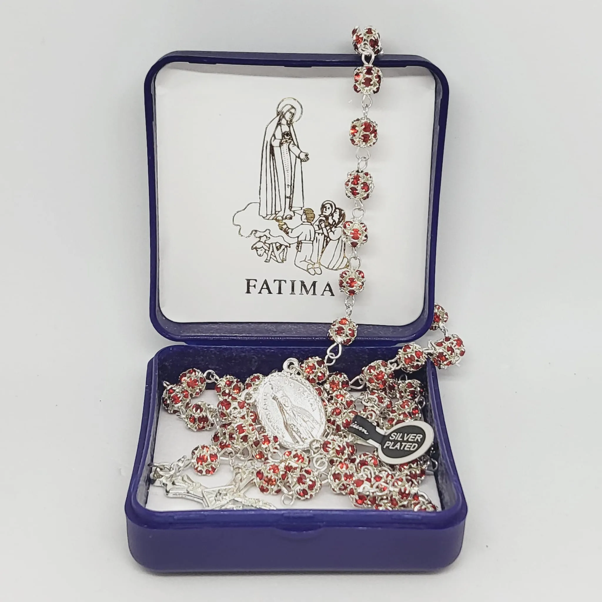 Premium Silver Medal of Fatima Rosary - Red