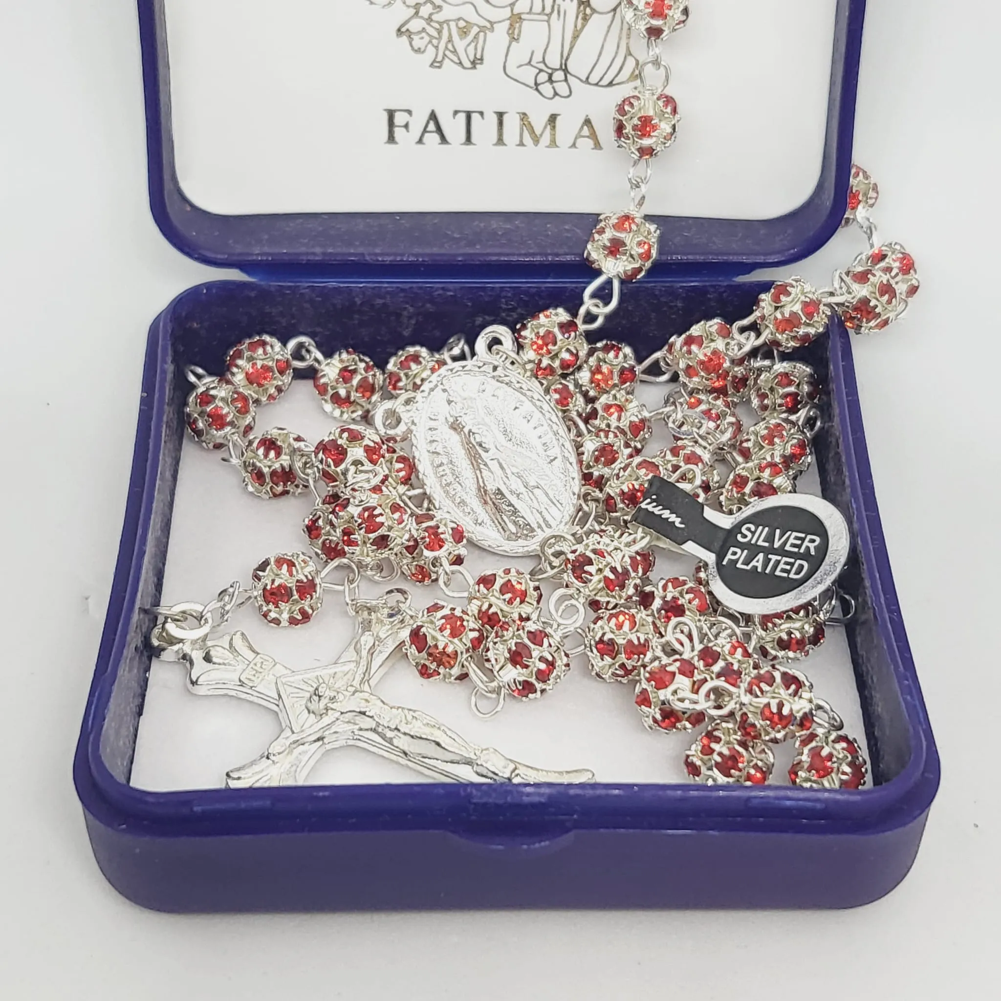 Premium Silver Medal of Fatima Rosary - Red