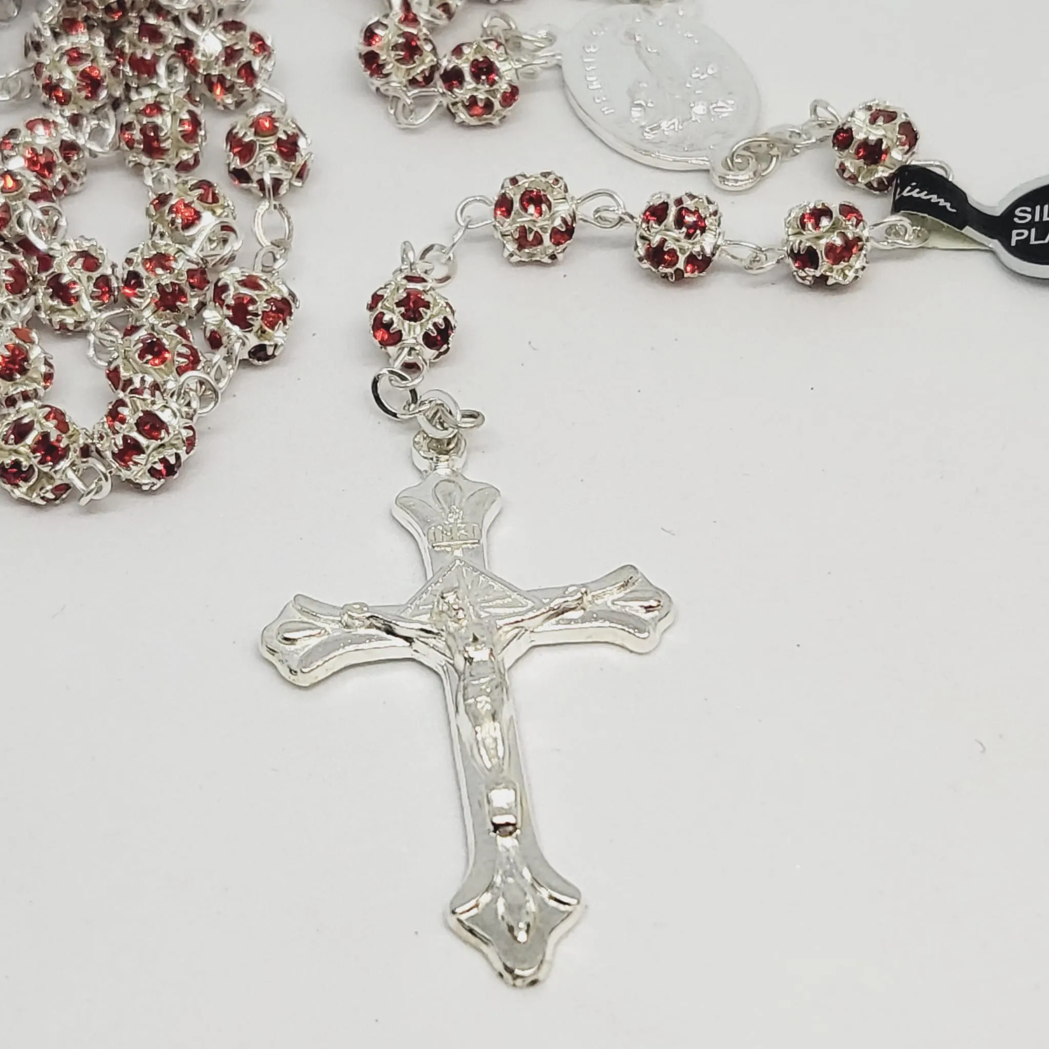 Premium Silver Medal of Fatima Rosary - Red