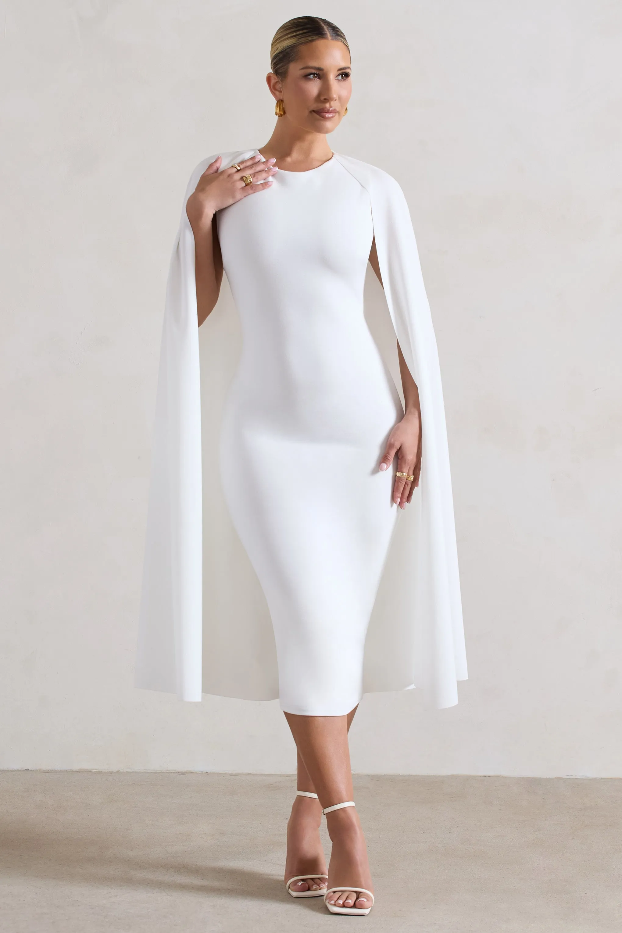 Rafaela | White Bodycon Midi Dress With Cape Sleeves