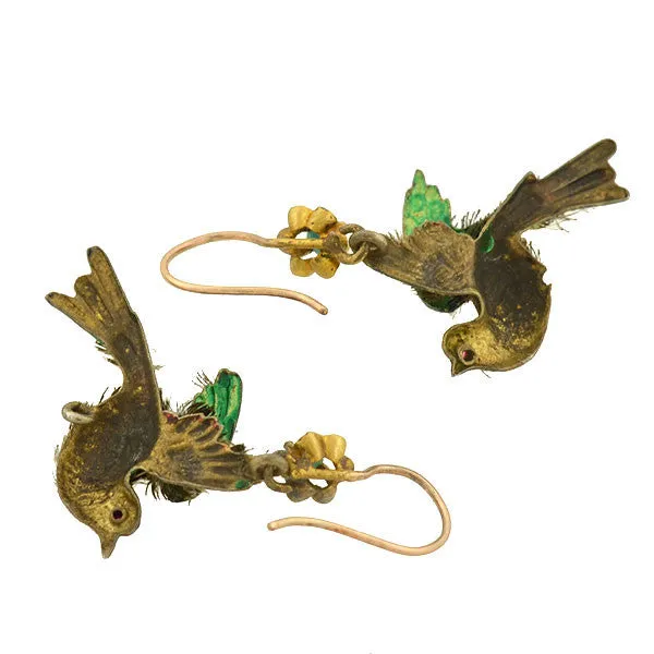 Rare Victorian 15kt Enamel & Genuine Feather Bird Earrings