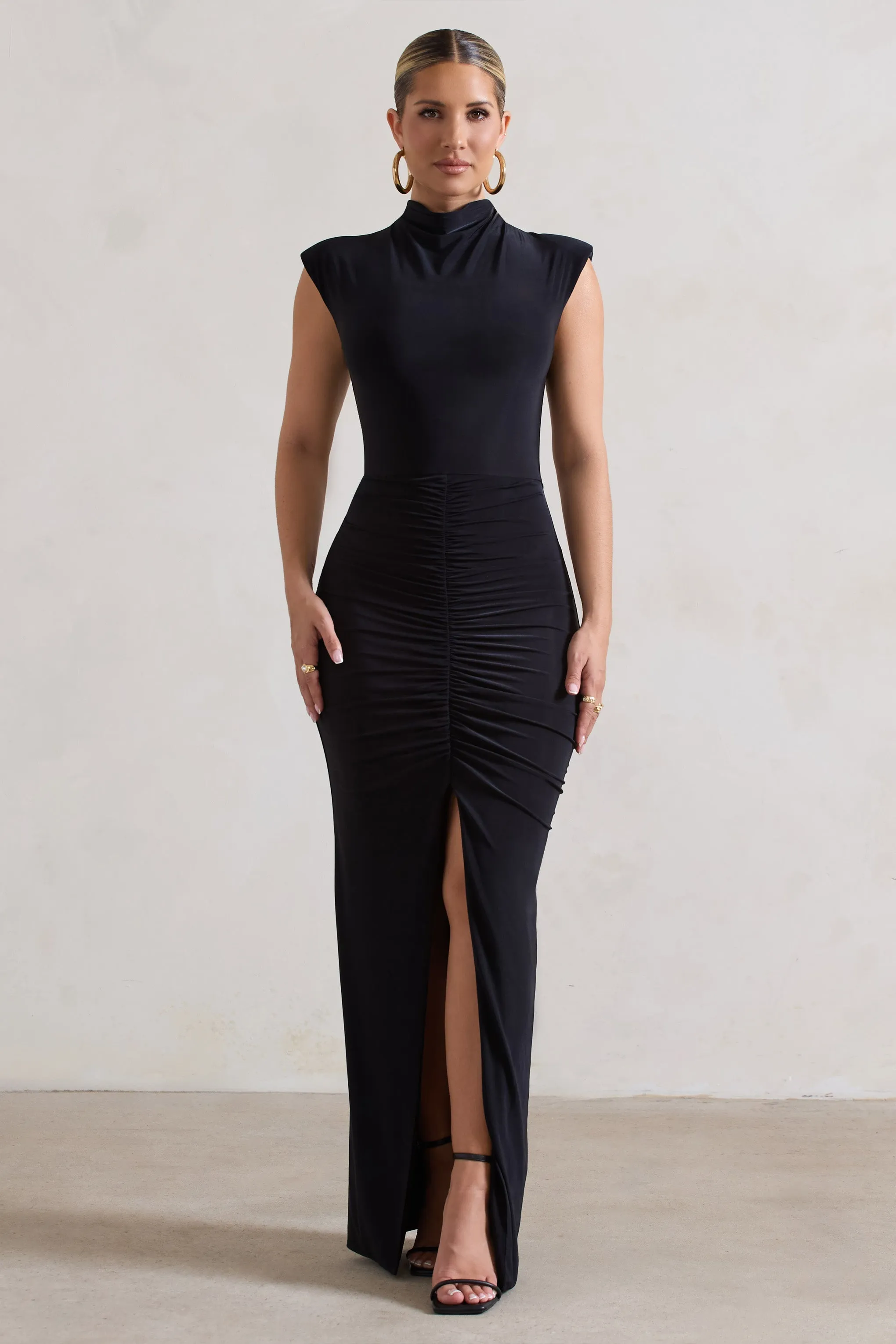 Samira | Black Ruched High-Neck Split Maxi Dress